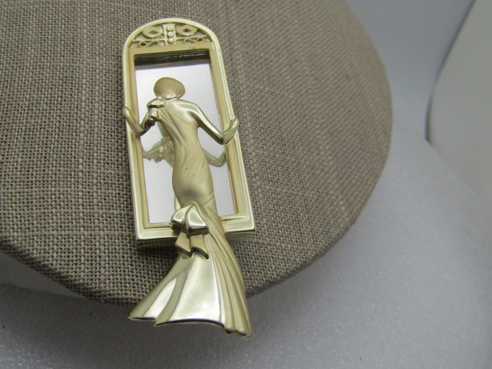 Vintage Gold Tone Woman At MIrror Brooch, Flapper Era, Signed A.J.C. , 1980's - 2