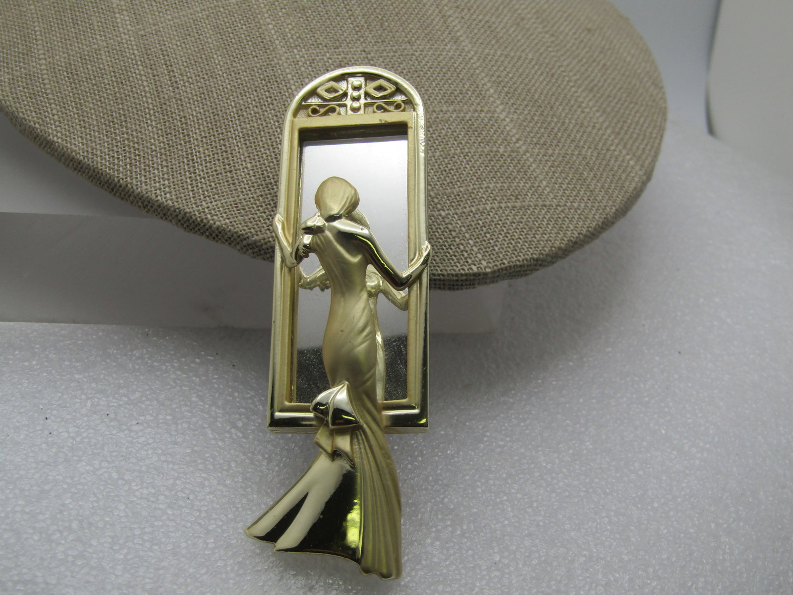 Vintage Gold Tone Woman At MIrror Brooch, Flapper Era, Signed A.J.C. , 1980's - 3