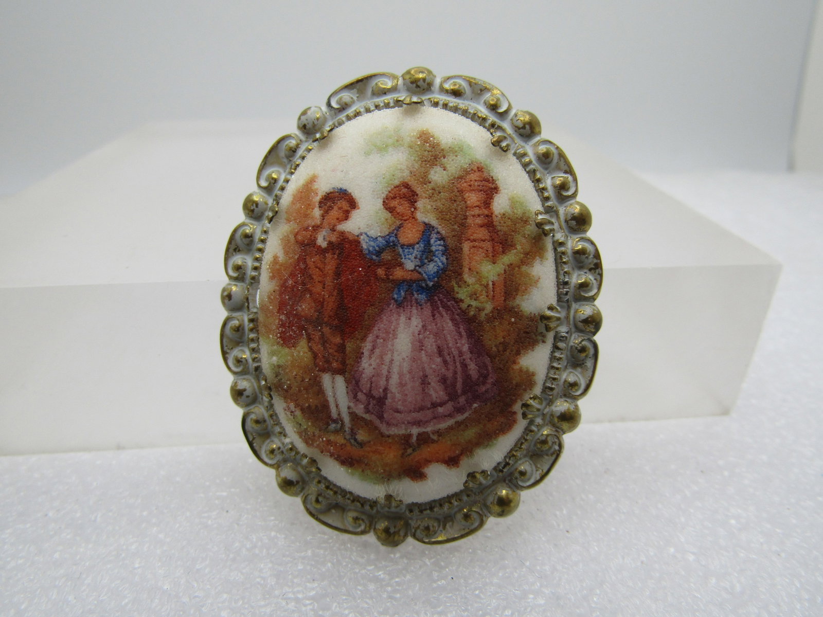 Vintage Courting Scene Brooch, Sugared Top, 1950's, 2" - 2