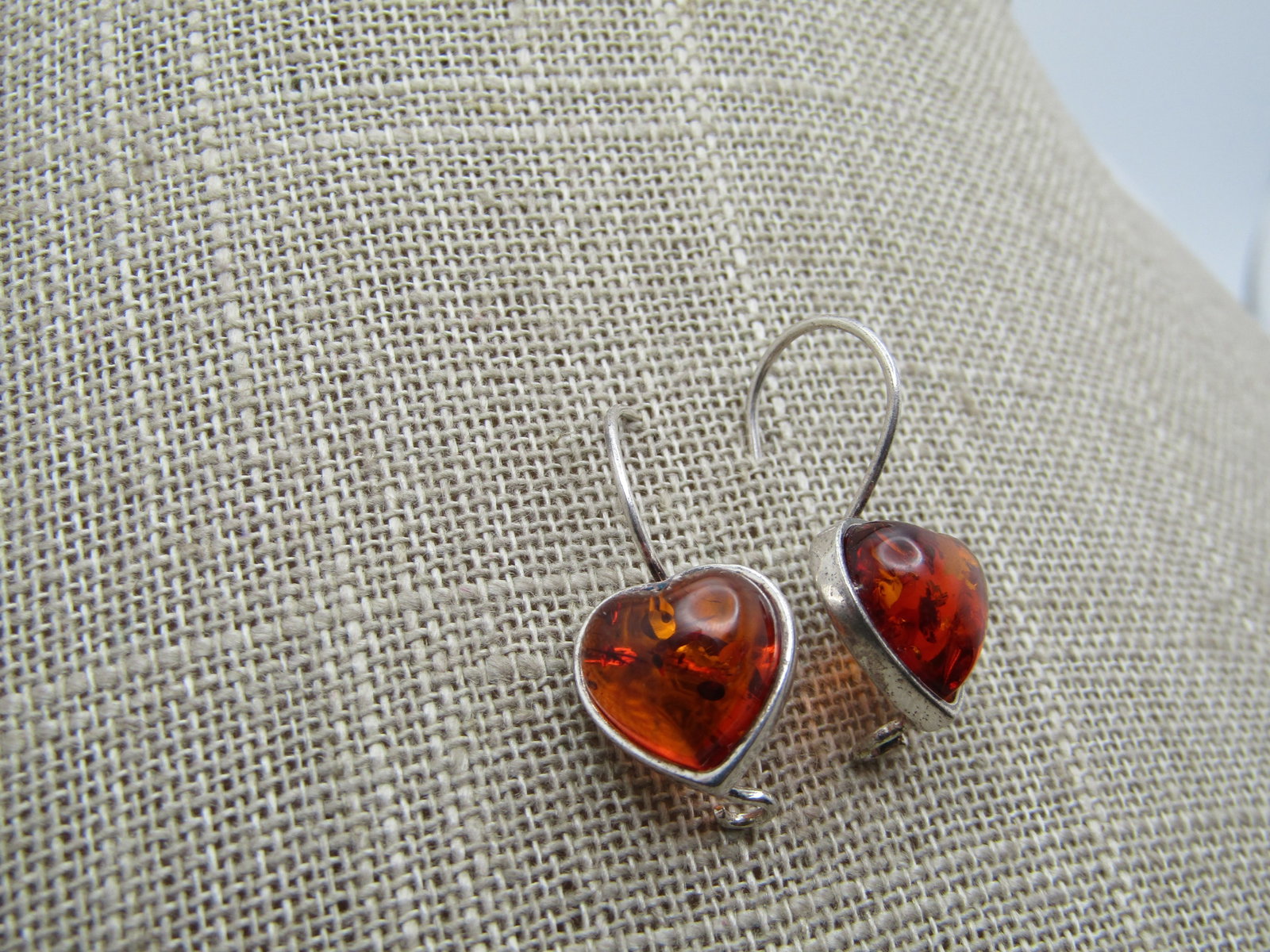 Vintage Sterling Baltic Amber Heart Earrings, Pierced, 1980's-1990's - 2