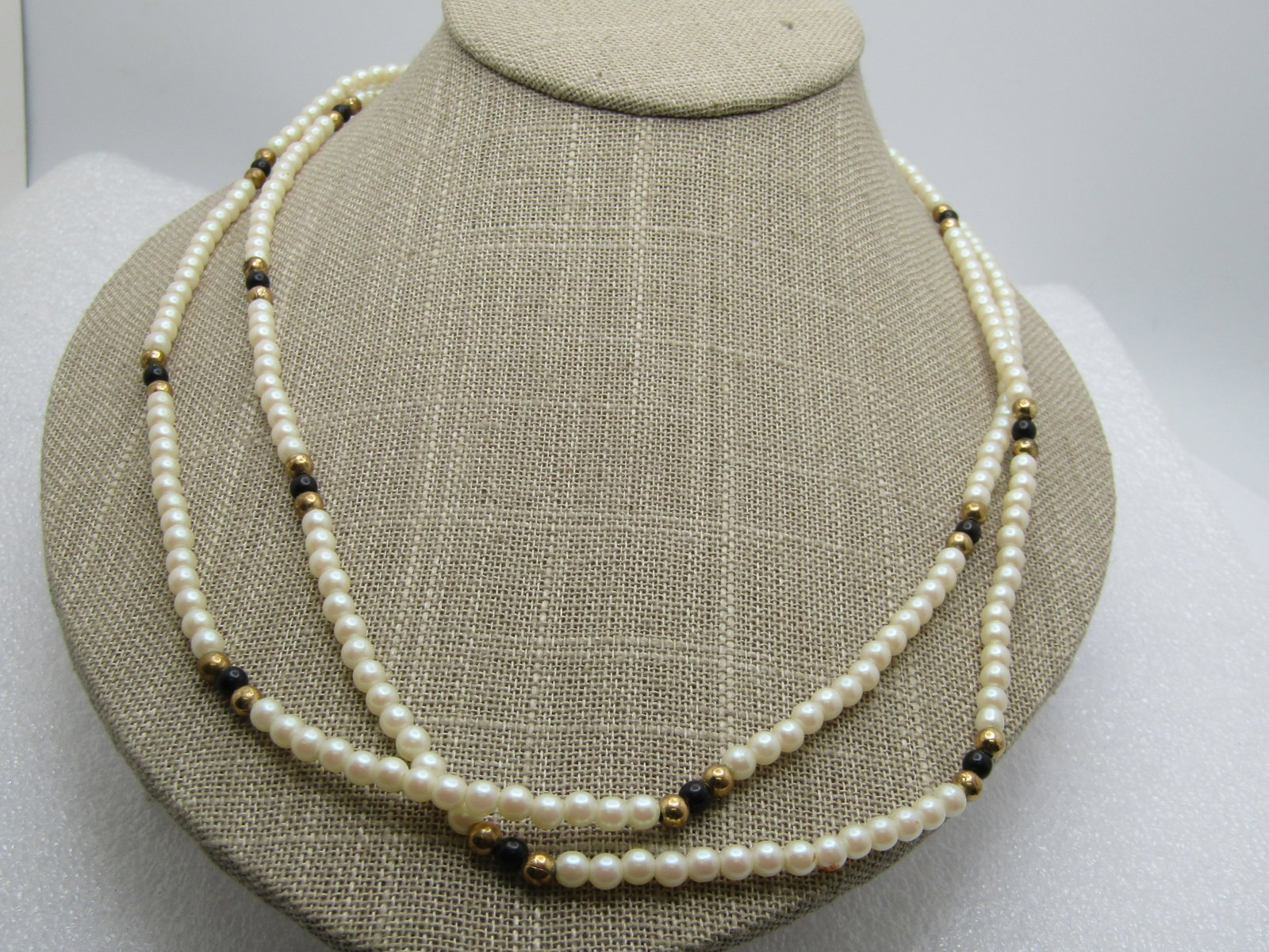 Vintage Faux Pearl & Onyx Beaded Necklace, 42", 1980's - 2