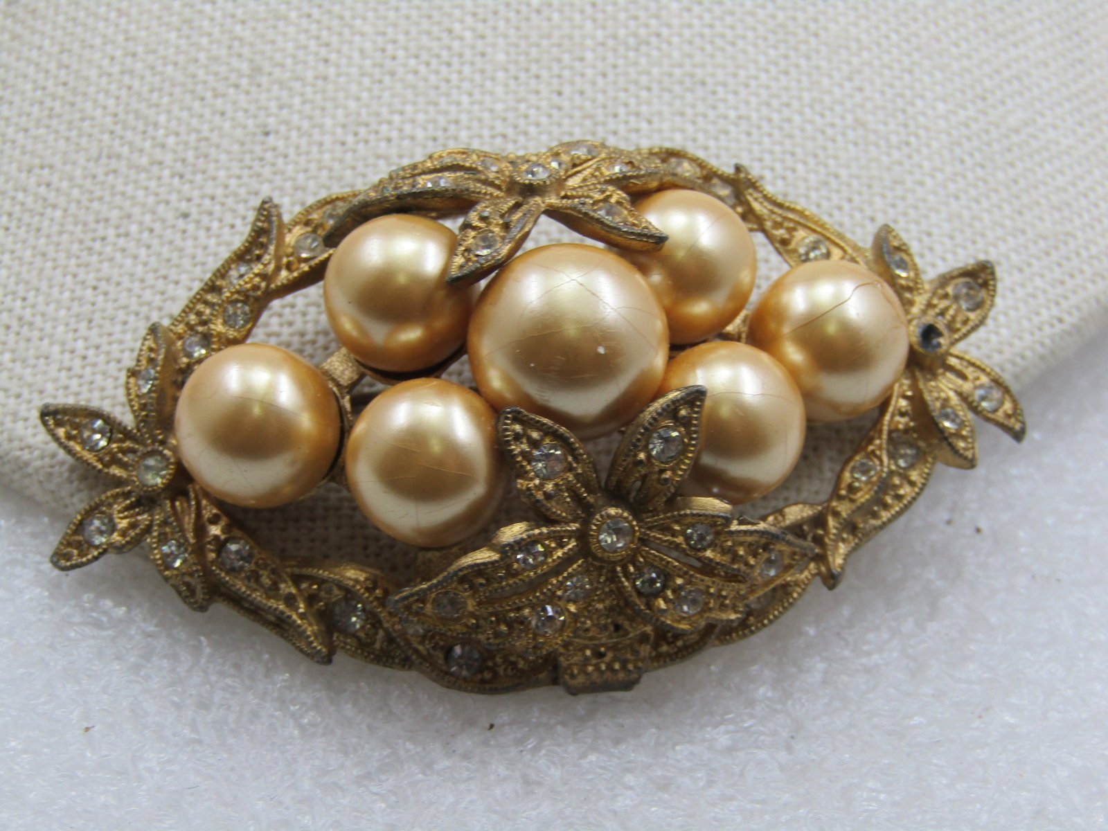 Antique Rhinestone & Faux Pearl Art Deco Brooch, 1920's, 2-7/8" - 7