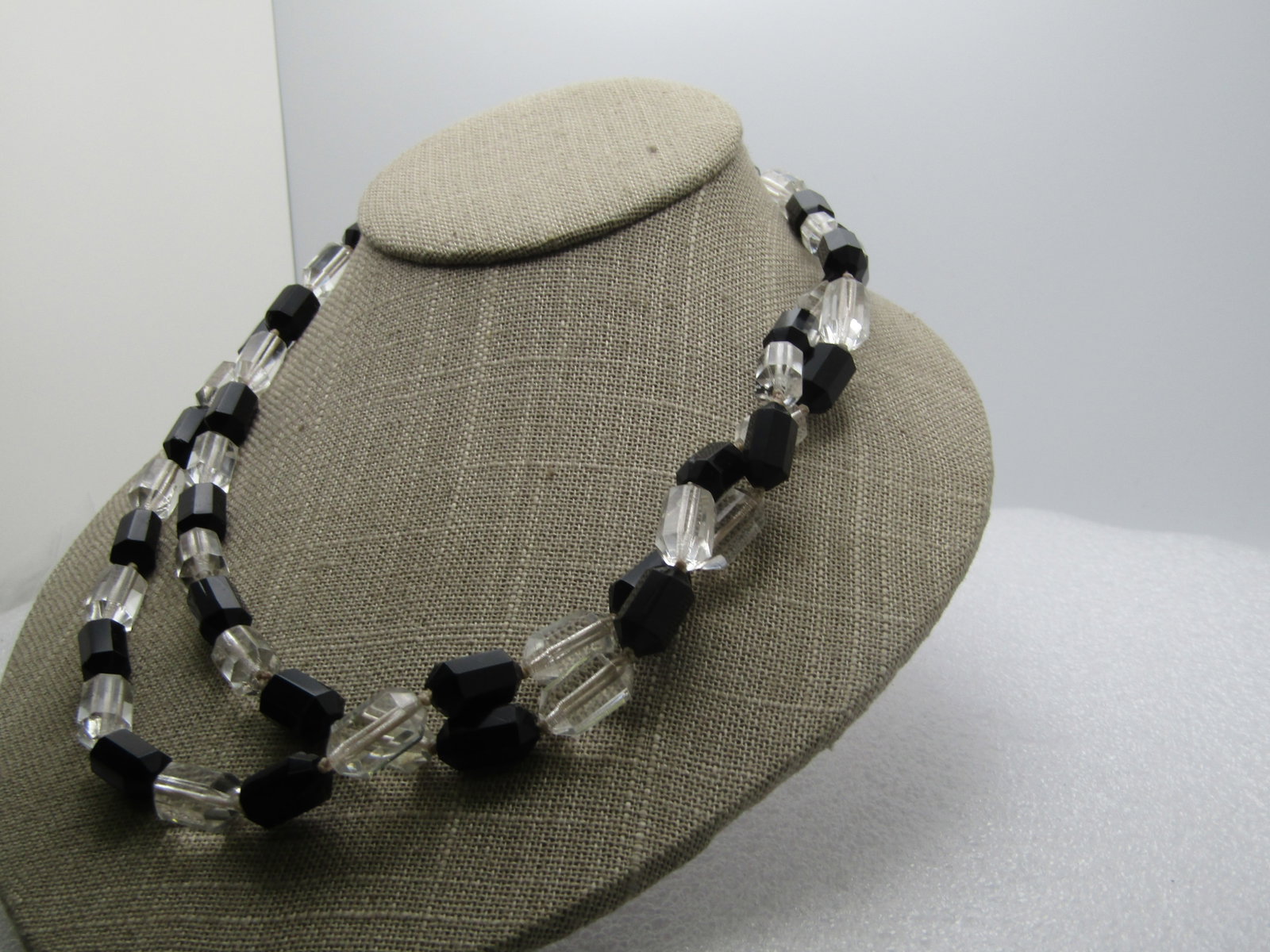 Vintage Black and Clear Glass Beaded Necklace with Drop, 44" - 2