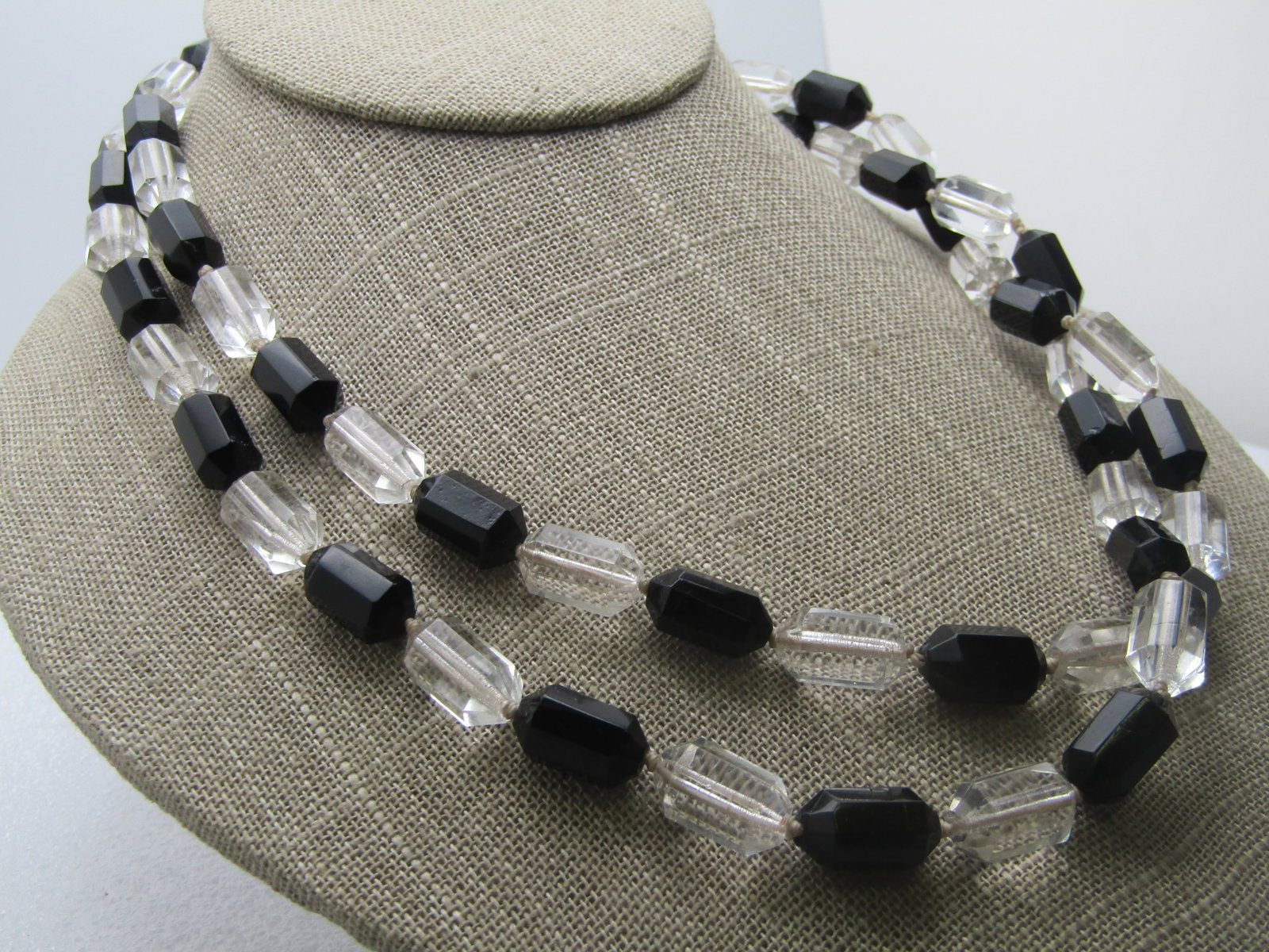 Vintage Black and Clear Glass Beaded Necklace with Drop, 44" - 3