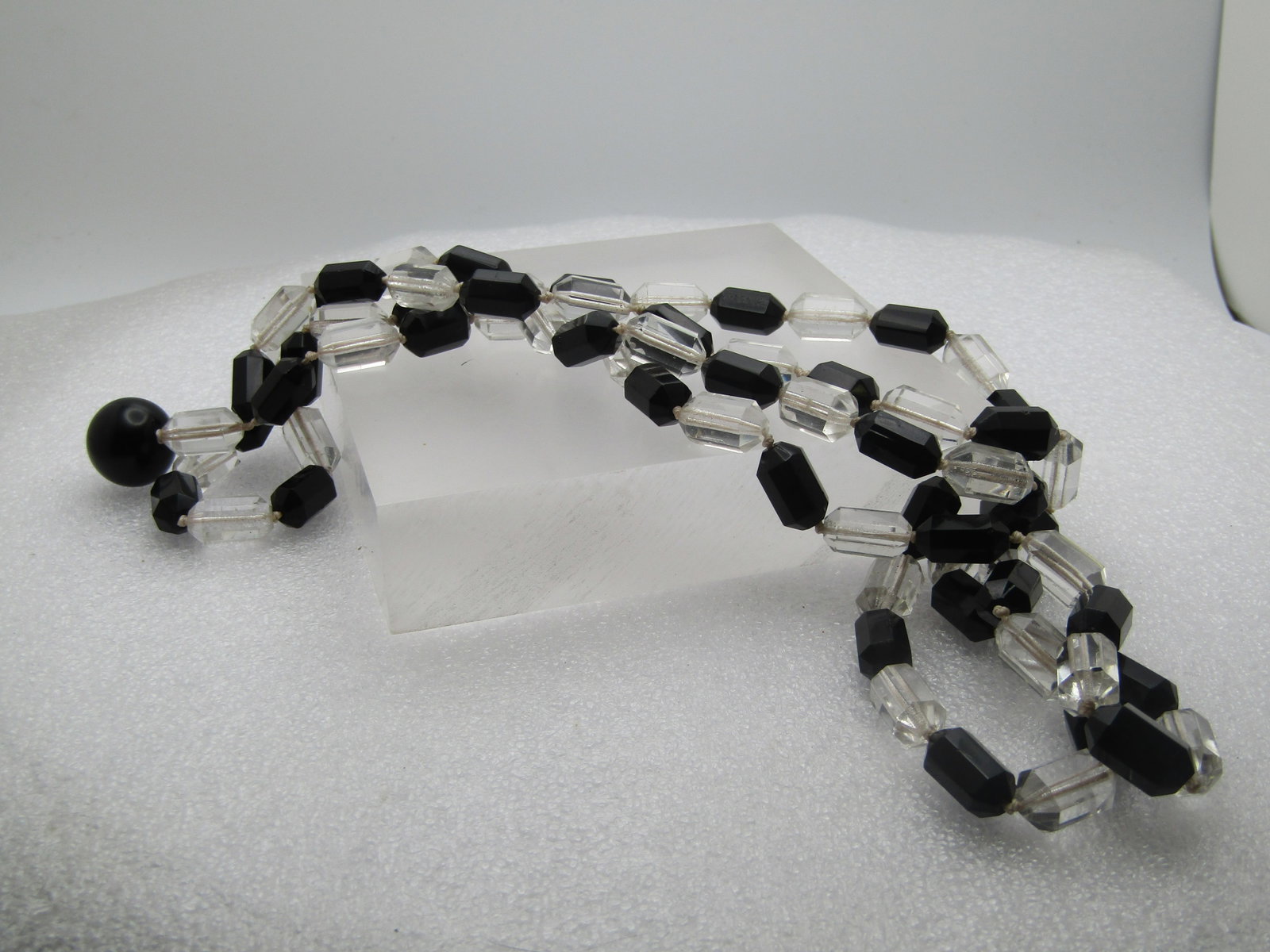 Vintage Black and Clear Glass Beaded Necklace with Drop, 44" - 4