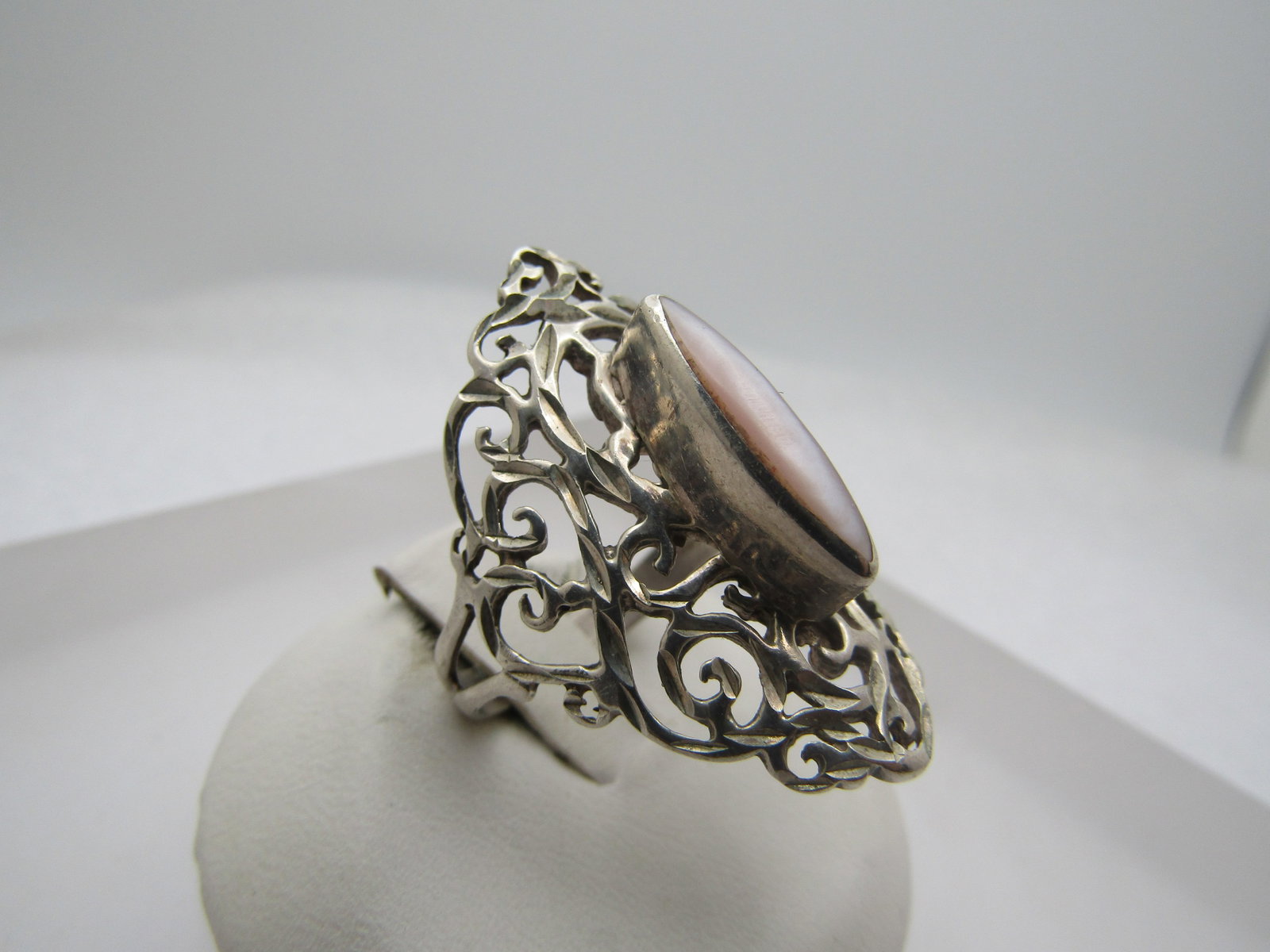Vintage Sterling Filigree Mother-of-Pearl Ring, Sz. 8.25, 1970-1980's Long - 2