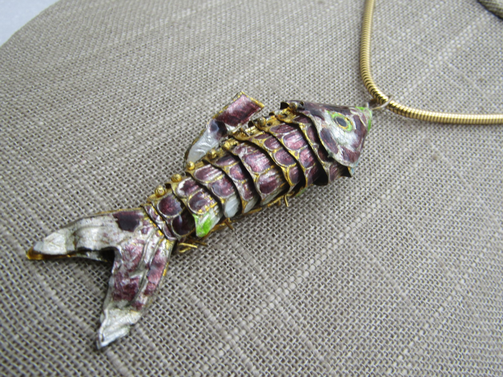 Vintage Cloisonne Articulated Fish Necklace , 18", Serpentine Chain, 2.3mm, 1950's-1960's - 2