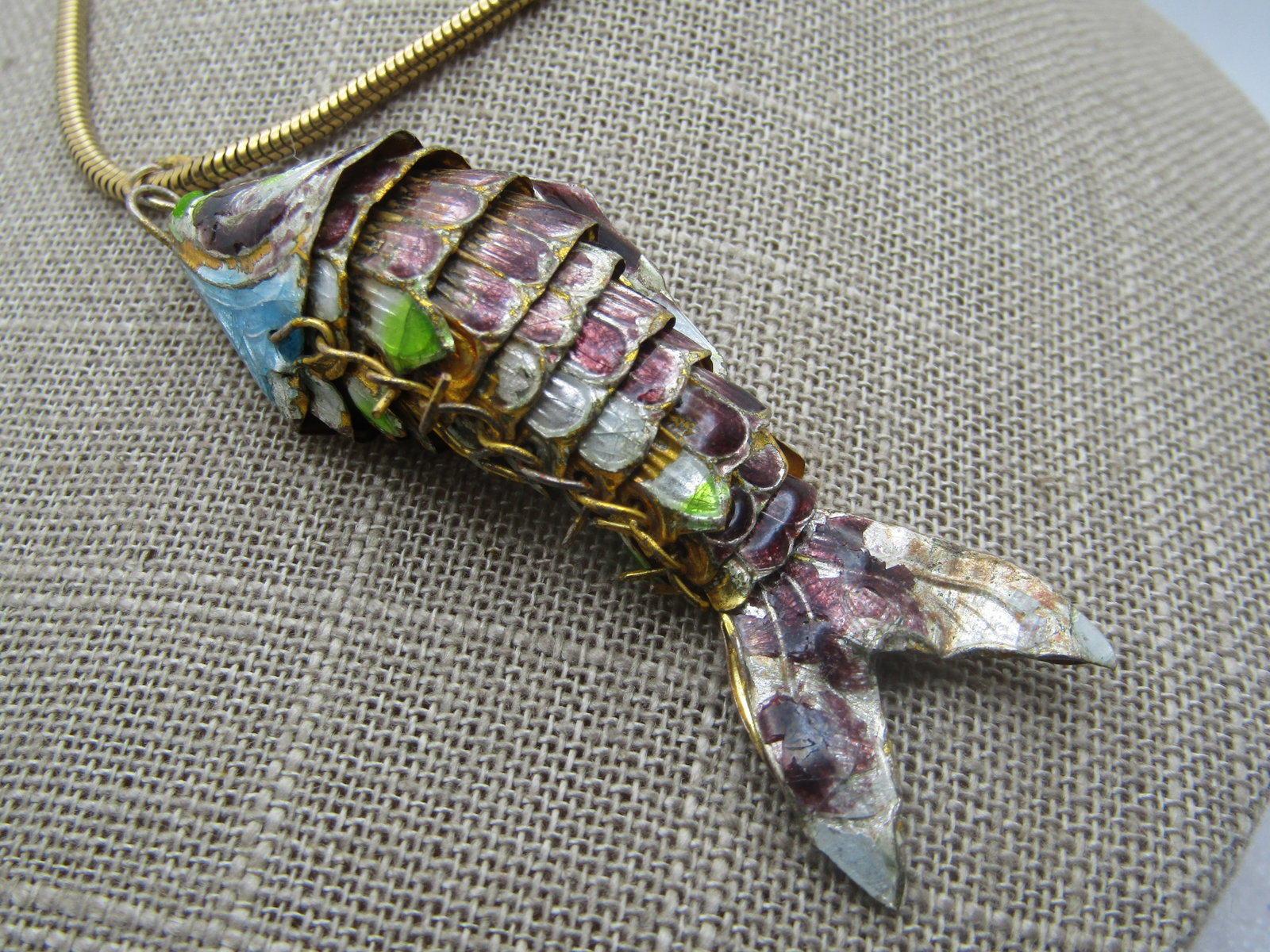 Vintage Cloisonne Articulated Fish Necklace , 18", Serpentine Chain, 2.3mm, 1950's-1960's - 3
