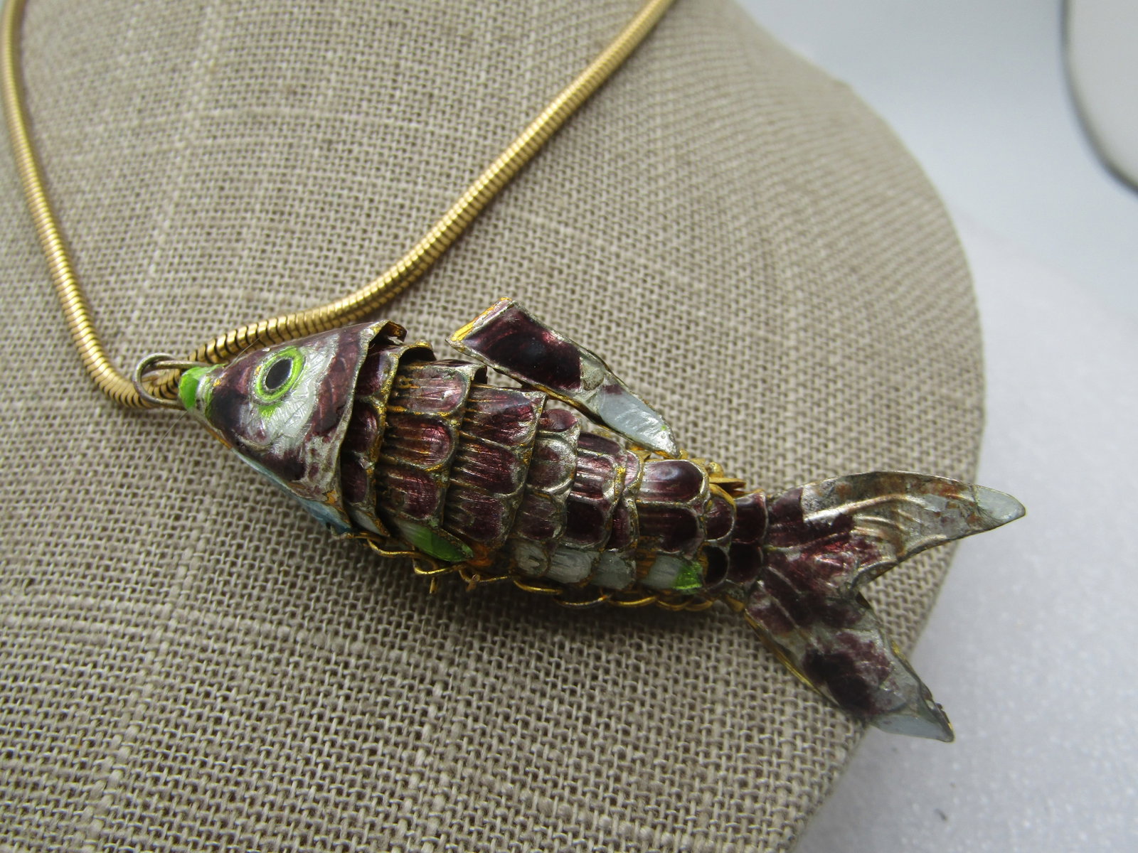 Vintage Cloisonne Articulated Fish Necklace , 18", Serpentine Chain, 2.3mm, 1950's-1960's - 4