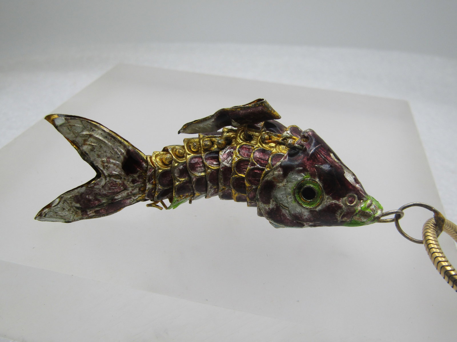 Vintage Cloisonne Articulated Fish Necklace , 18", Serpentine Chain, 2.3mm, 1950's-1960's - 7