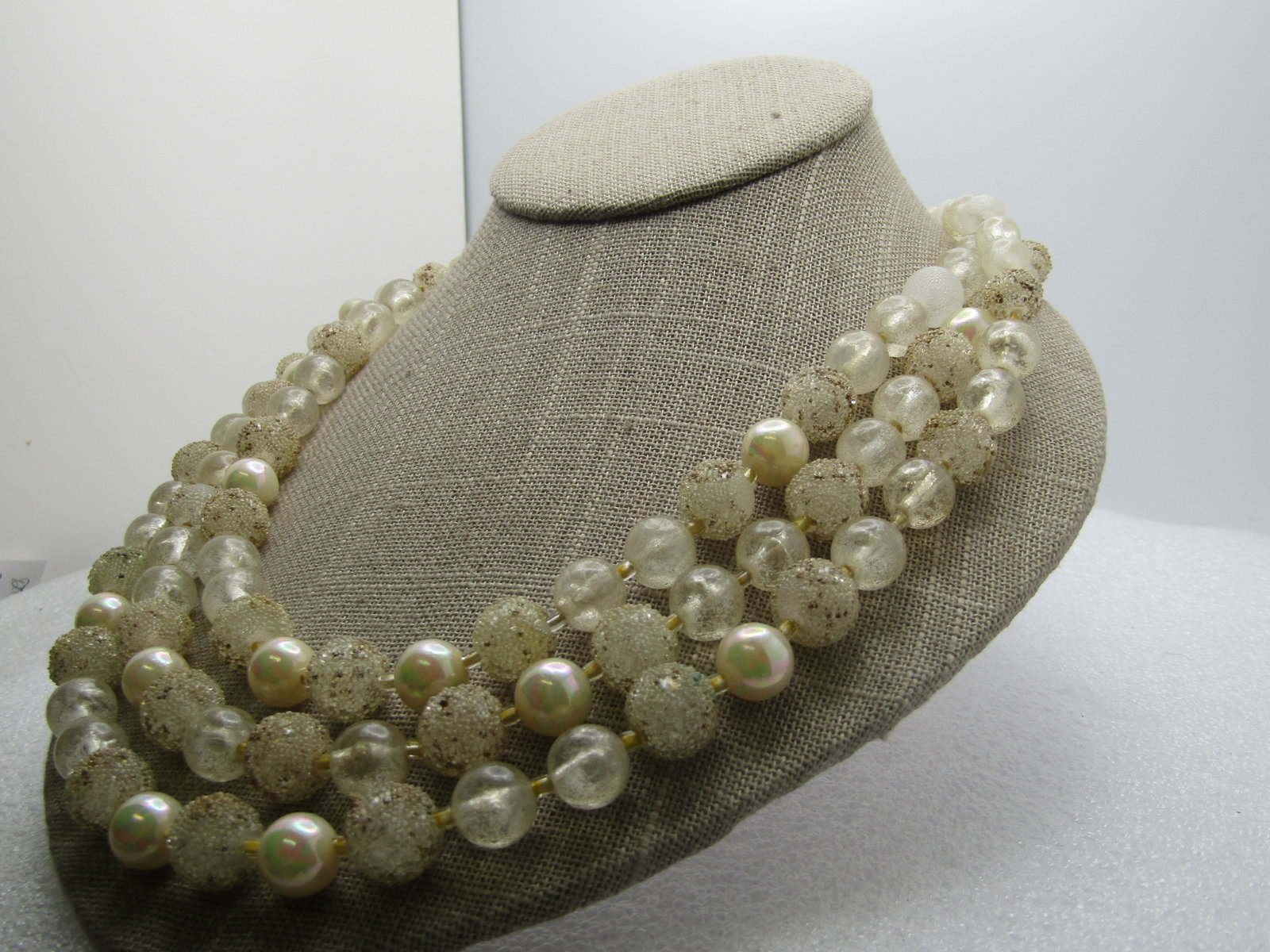 Vintage Triple Strand Clear/Frosted/Faus Pearl Beaded Necklace, Japan, 18", Triple strand, 1950's - 2