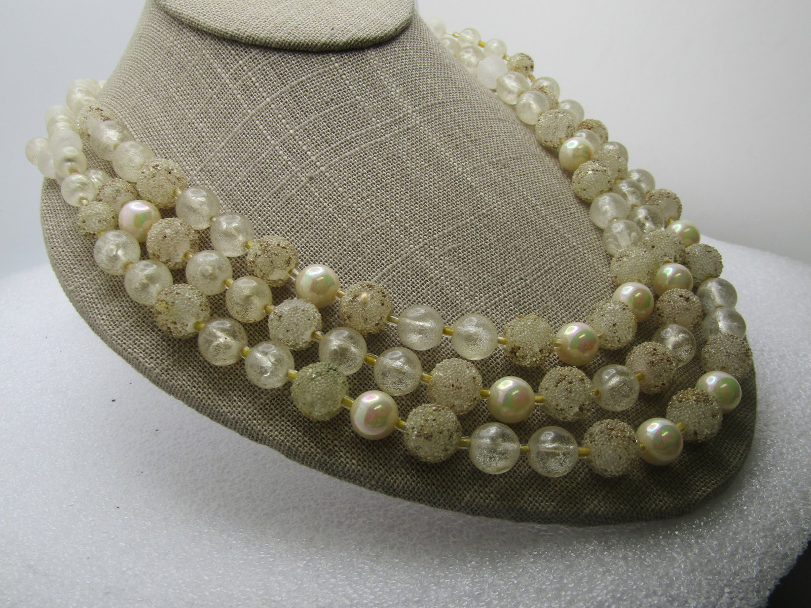 Vintage Triple Strand Clear/Frosted/Faus Pearl Beaded Necklace, Japan, 18", Triple strand, 1950's - 3
