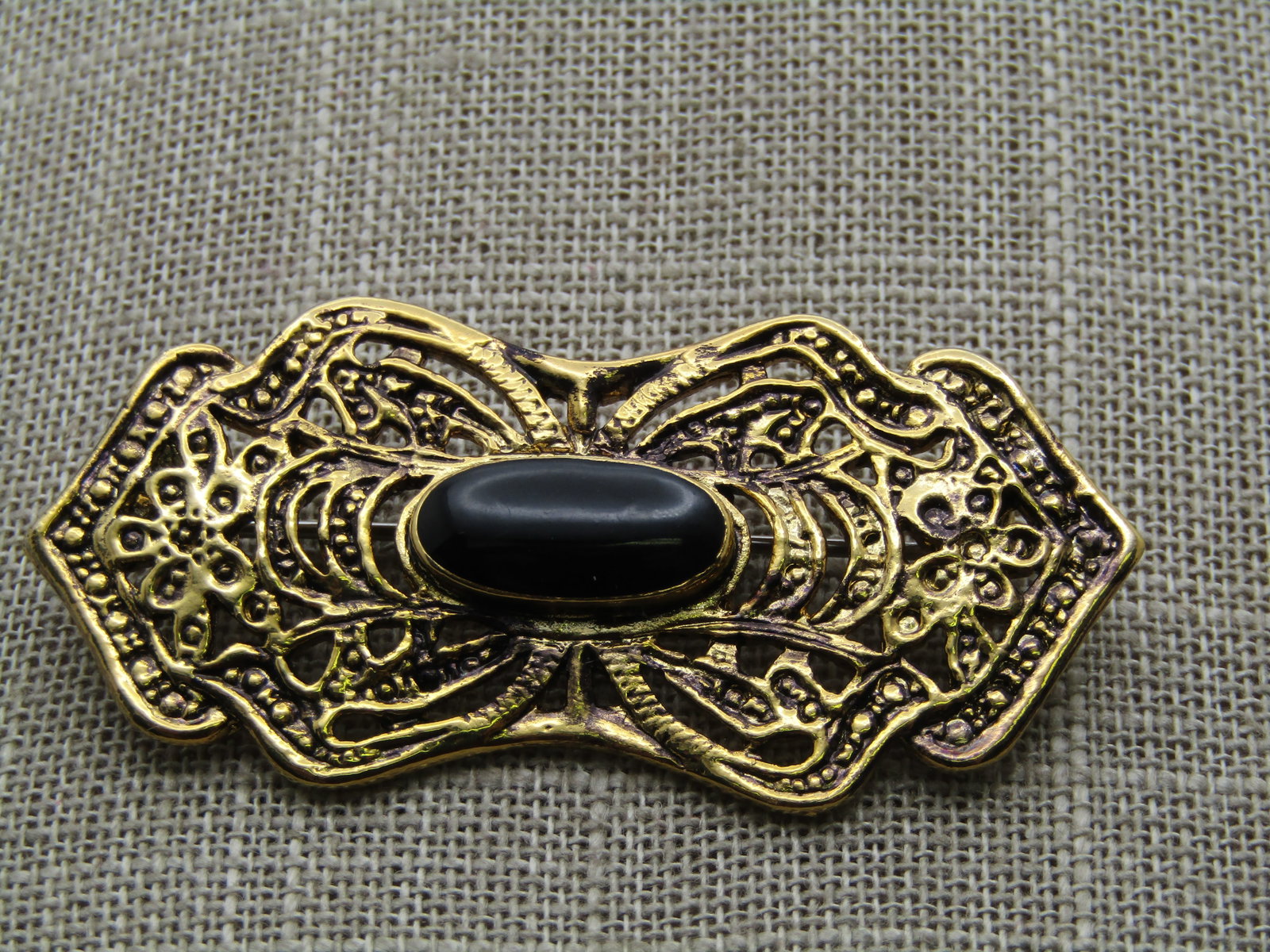 Vintage Gold Tone Victorian Themed Brooch, Black stone, 2.25", 1980's-1990's - 2