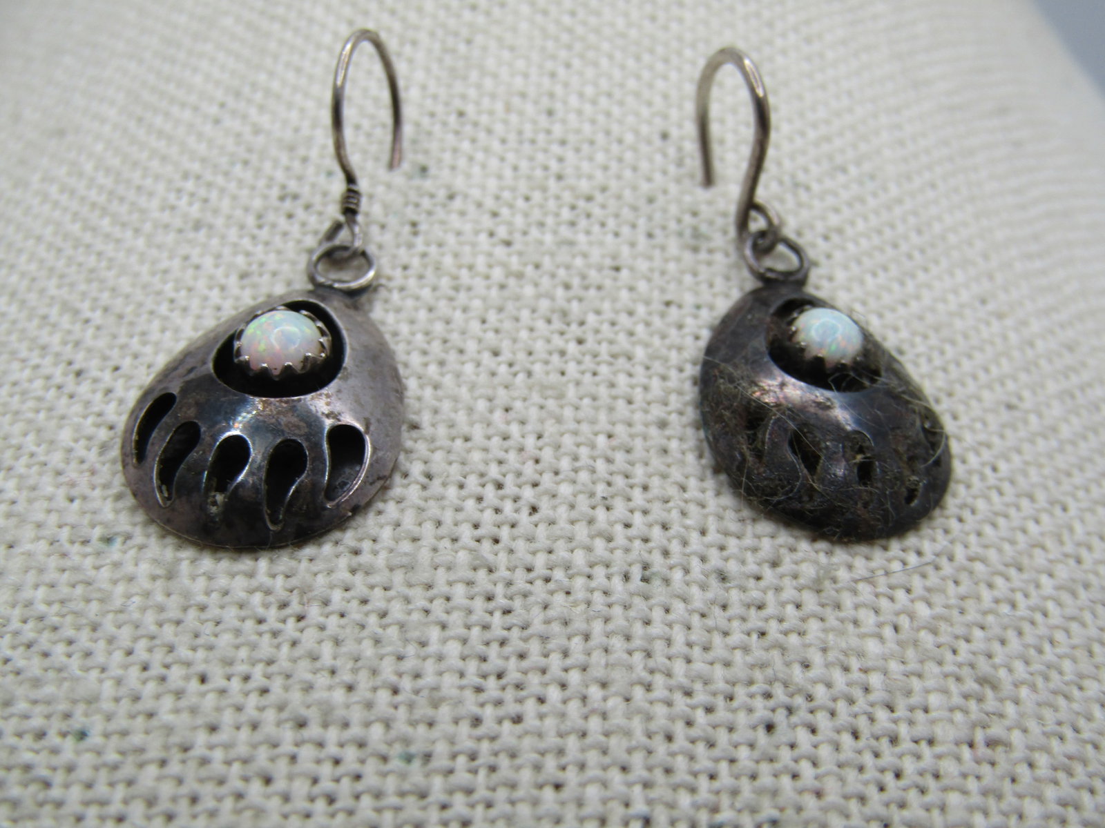 Vintage Sterling Southwestern Opal Bear Paw Earrings, Pierced Dangle, 1970's-1980's - 2