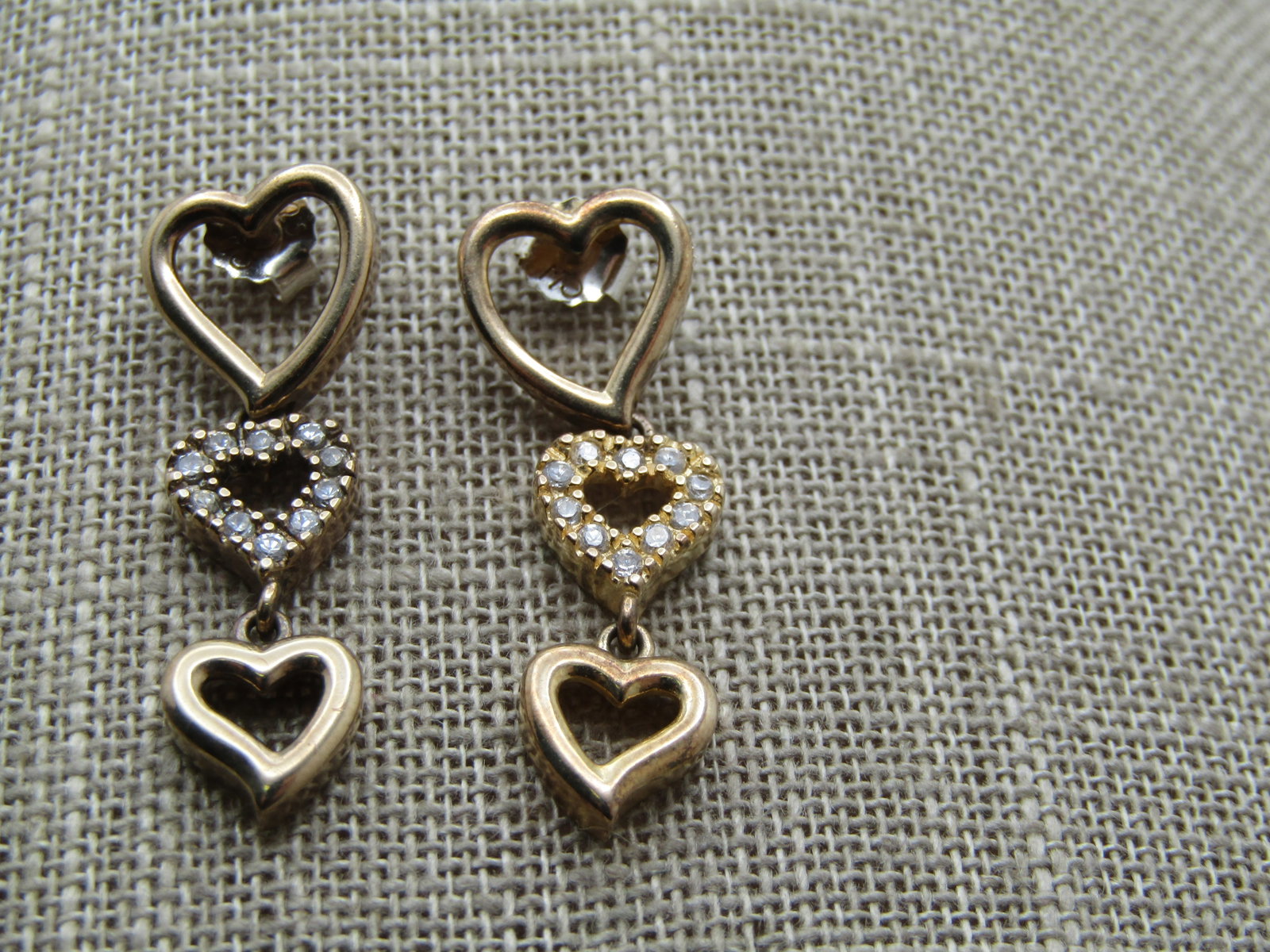 Vintage Sterling Vermeil CZ Heart Earings, Triple Drop, Pierced, Signed - 2