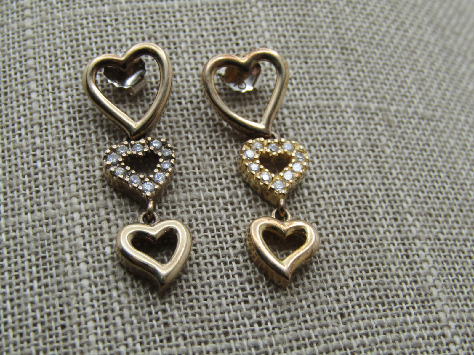 Vintage Sterling Vermeil CZ Heart Earings, Triple Drop, Pierced, Signed - 3