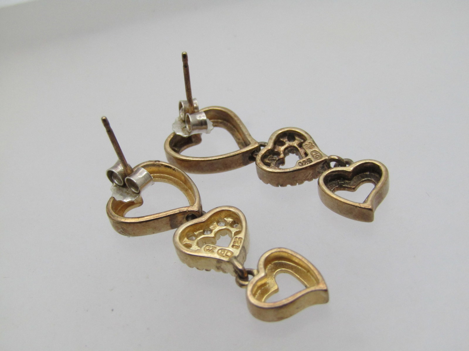 Vintage Sterling Vermeil CZ Heart Earings, Triple Drop, Pierced, Signed - 4