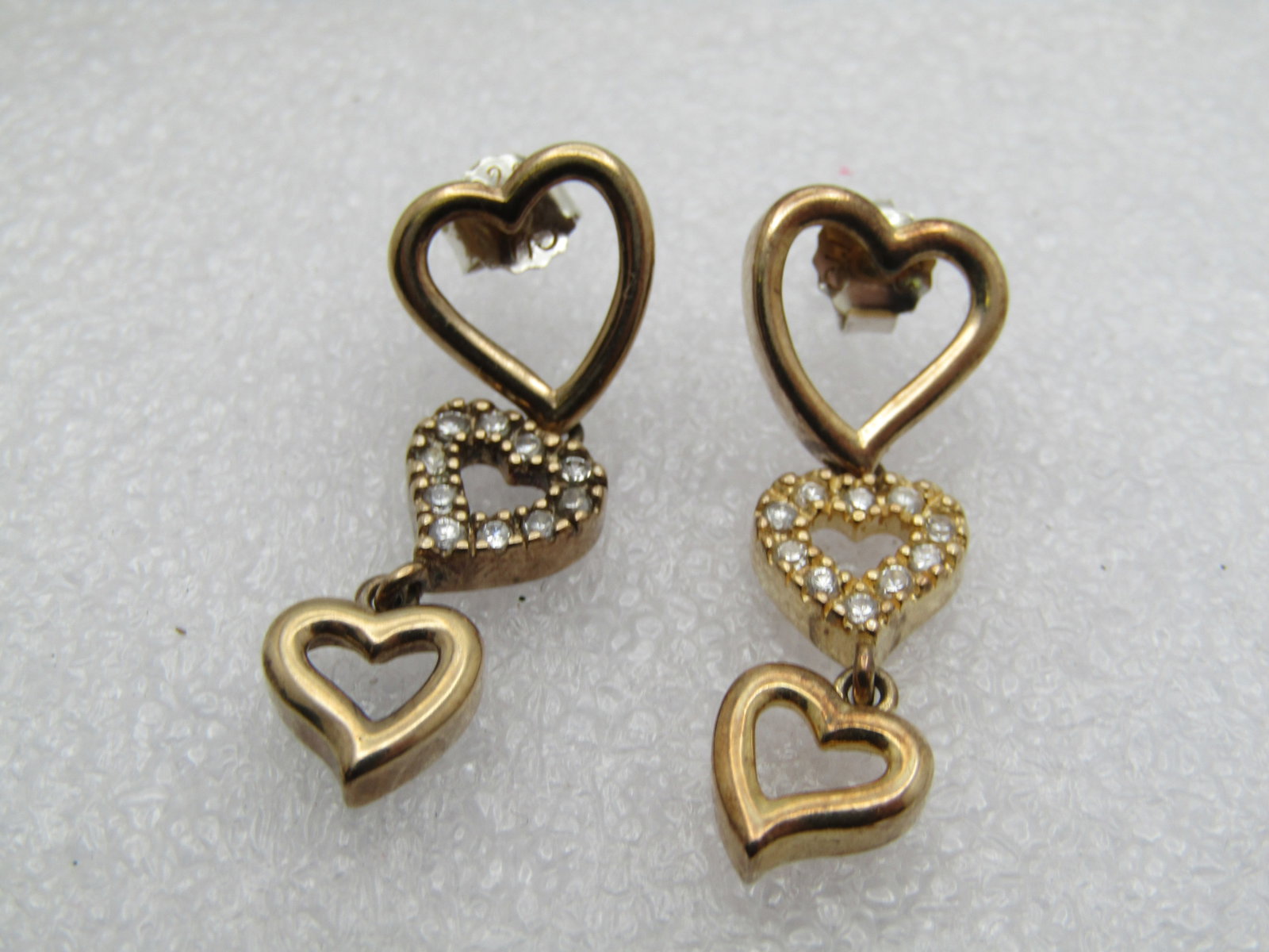 Vintage Sterling Vermeil CZ Heart Earings, Triple Drop, Pierced, Signed - 5