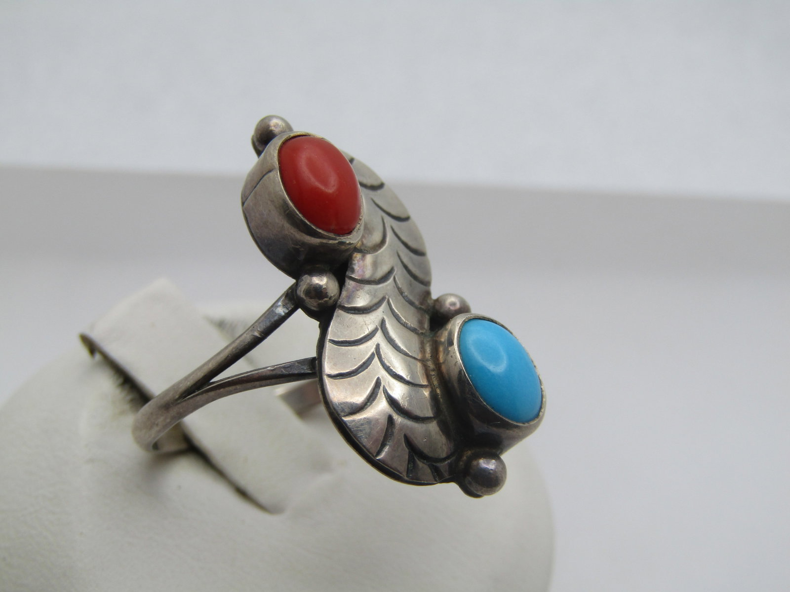 Vintage Sterling Southwestern Turquoise Coral Ring, Sz. 9, 1970's-1980's, Signed - 2
