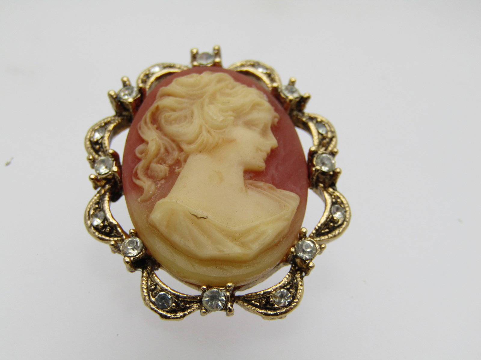Vintage Cameo & Rhinestone Brooch, 1960's, 1.25" (1 of 5)