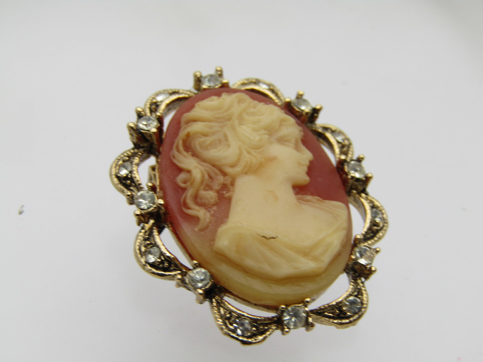Vintage Cameo & Rhinestone Brooch, 1960's, 1.25" - 2