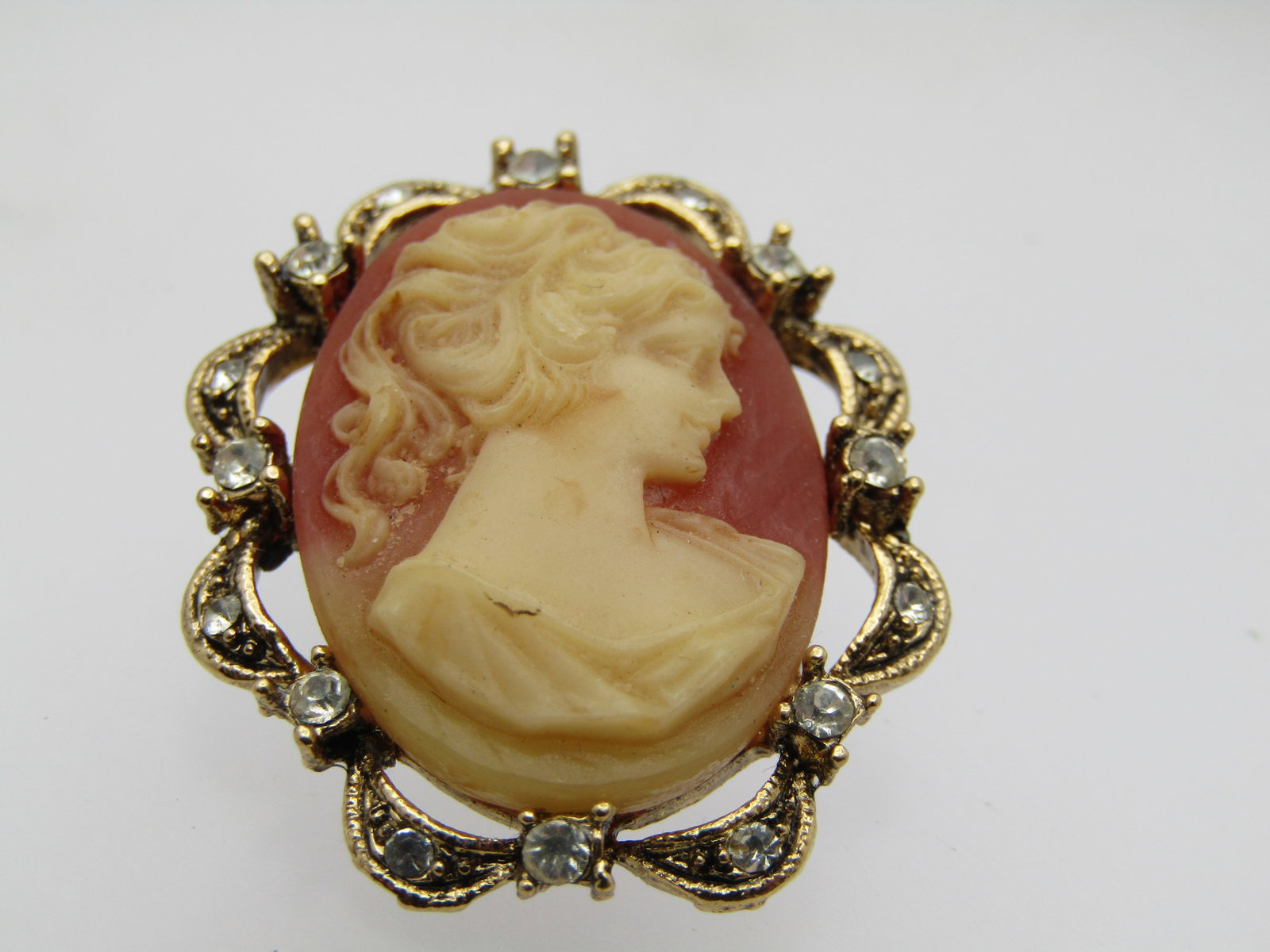 Vintage Cameo & Rhinestone Brooch, 1960's, 1.25" - 3