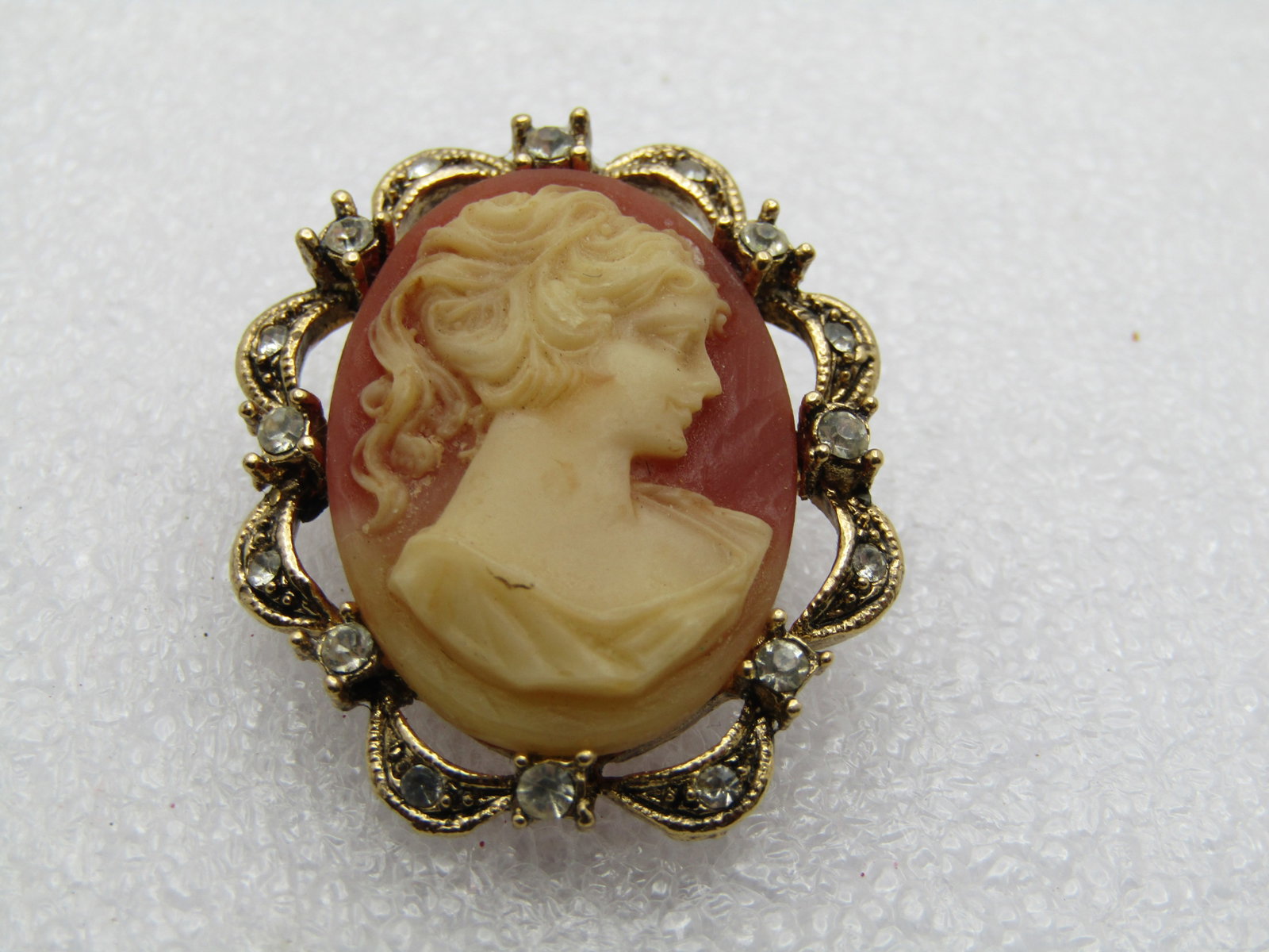 Vintage Cameo & Rhinestone Brooch, 1960's, 1.25" - 4