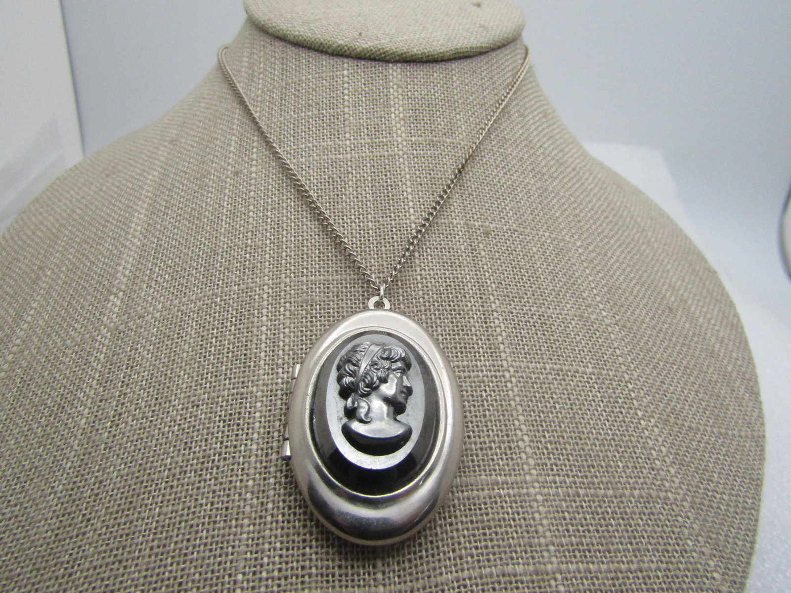 Vintage Hematite Cameo Locket Necklace, 18" , 1960's - 2
