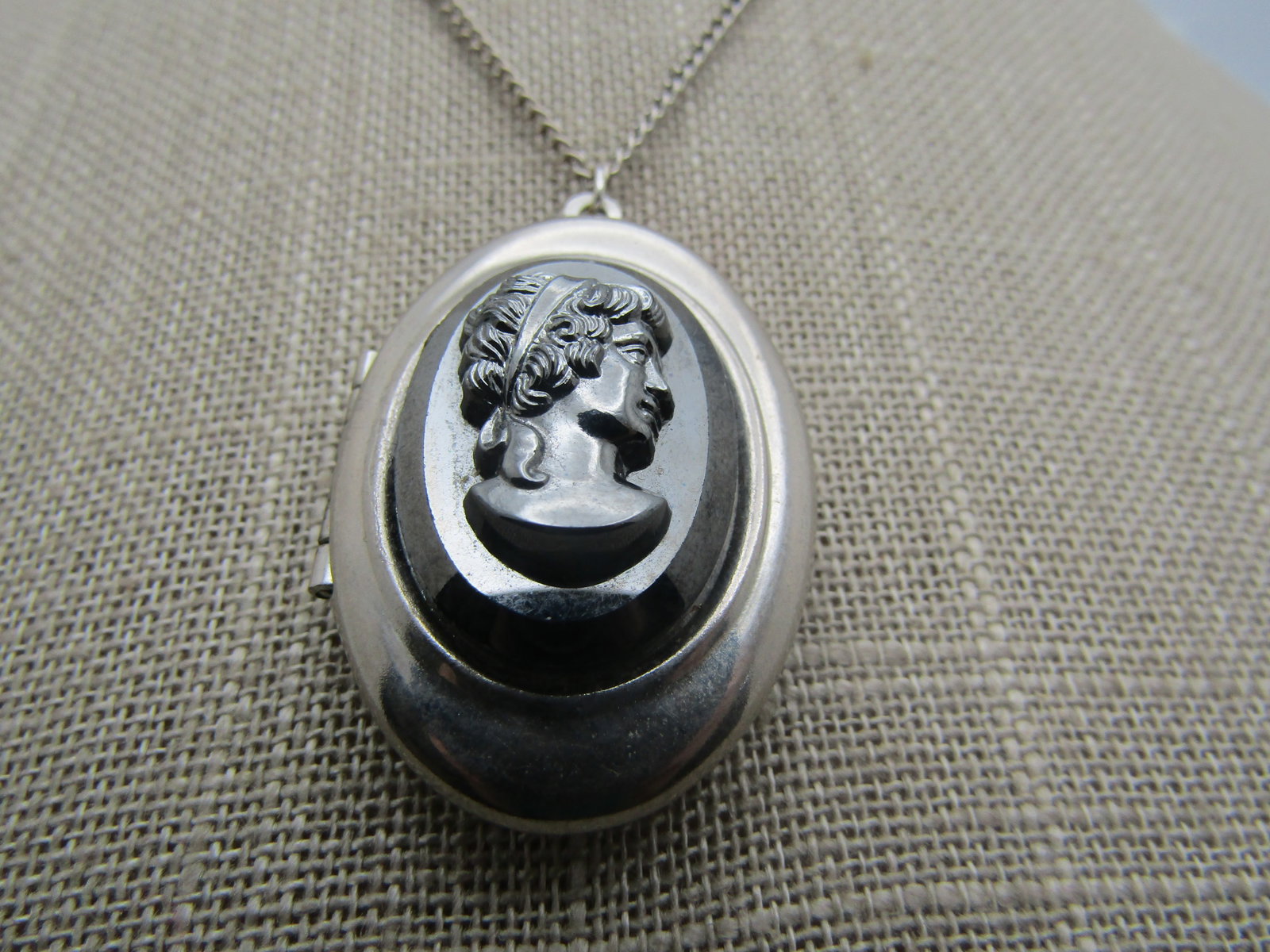 Vintage Hematite Cameo Locket Necklace, 18" , 1960's - 3