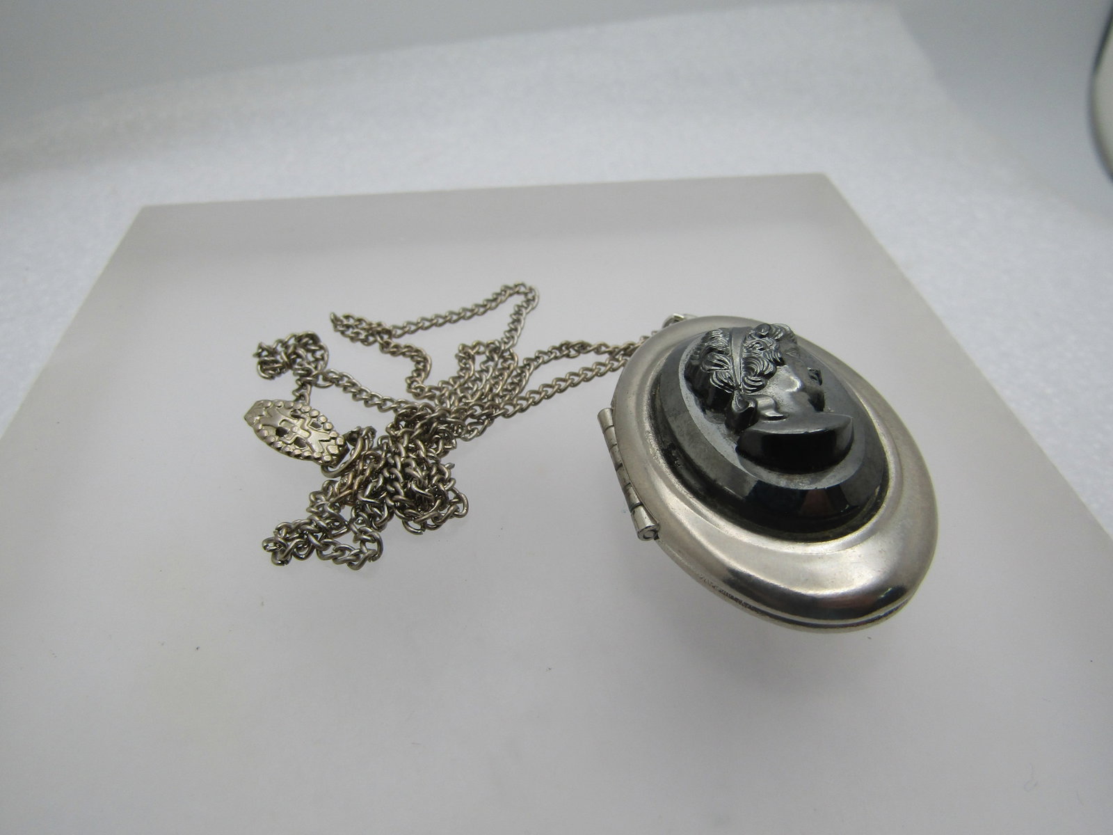 Vintage Hematite Cameo Locket Necklace, 18" , 1960's - 6