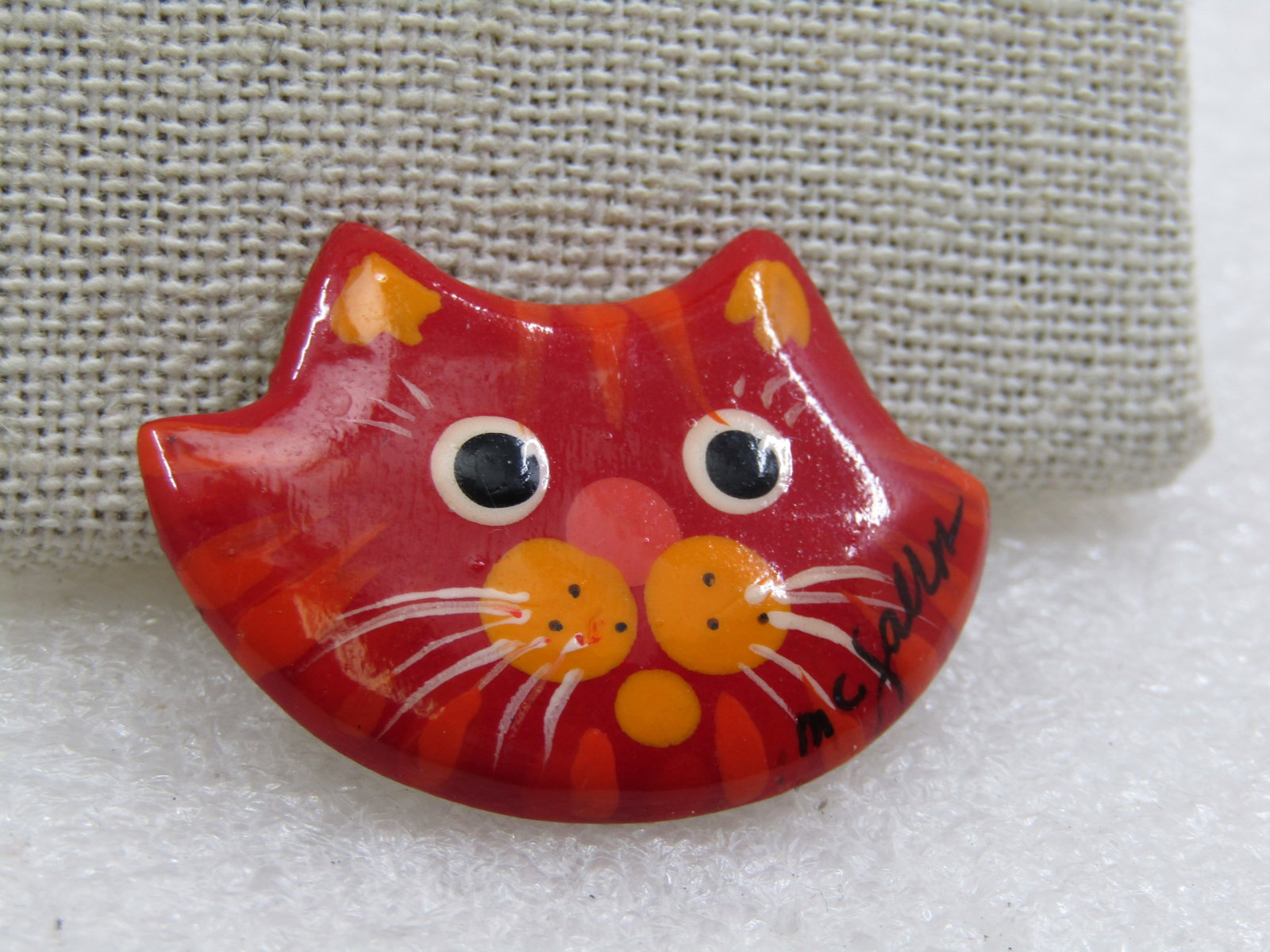 Vintage Hand Painted Cat Face Brooch, on Wood, Orange Tabby Signed - 2