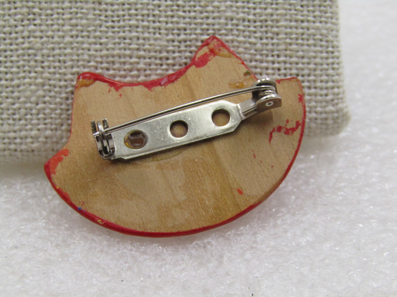 Vintage Hand Painted Cat Face Brooch, on Wood, Orange Tabby Signed - 4