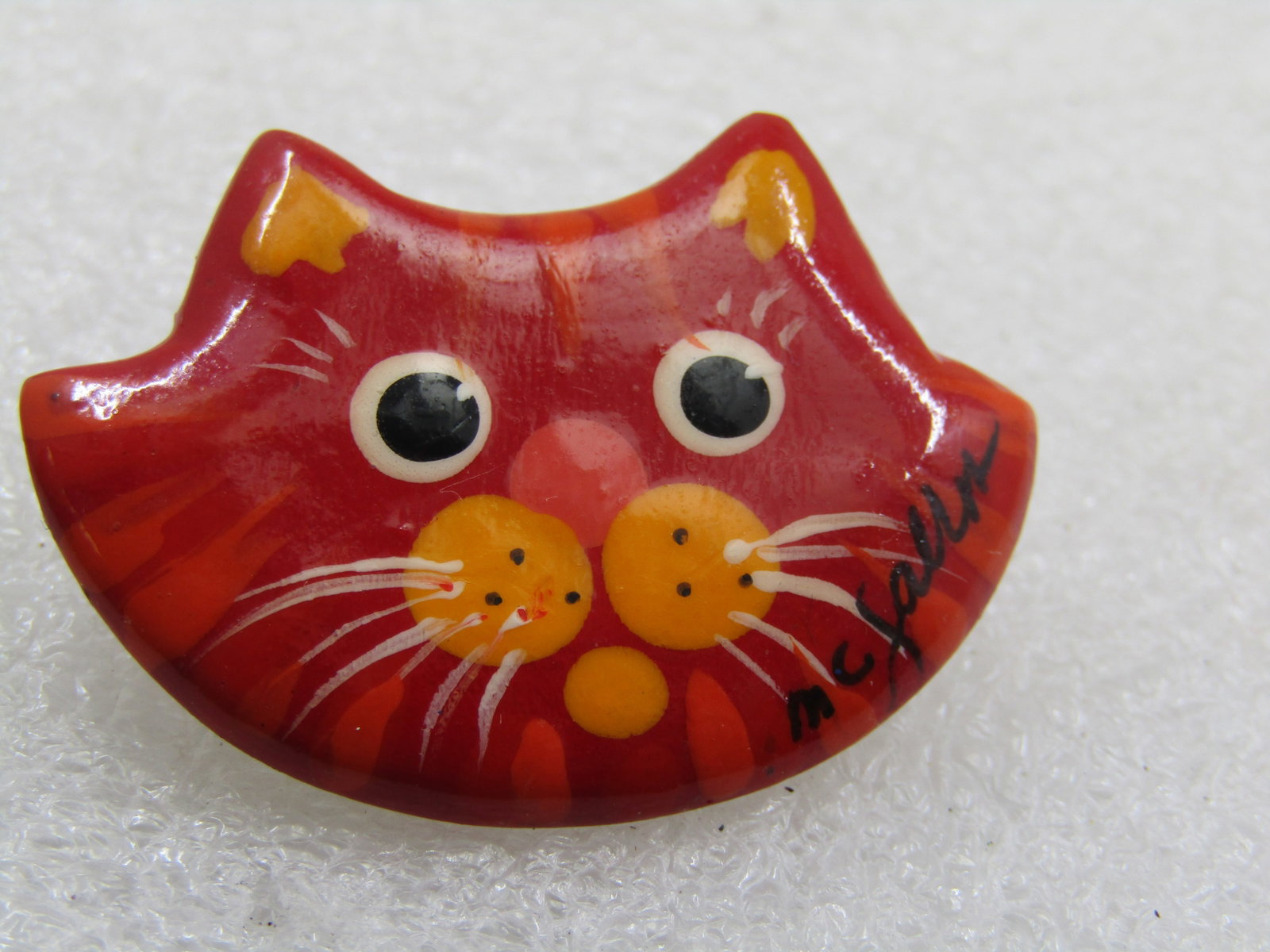 Vintage Hand Painted Cat Face Brooch, on Wood, Orange Tabby Signed - 5