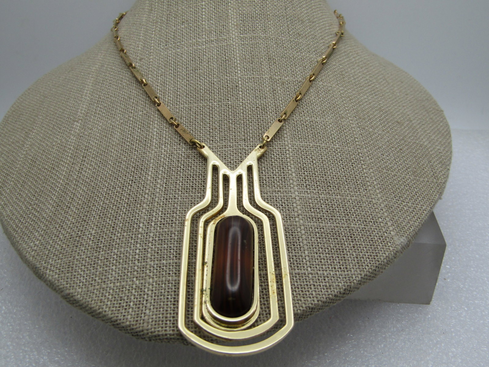Vintage Whiting & Davis Tiger's Eye Necklace, Mod, 18", 1960's - 2