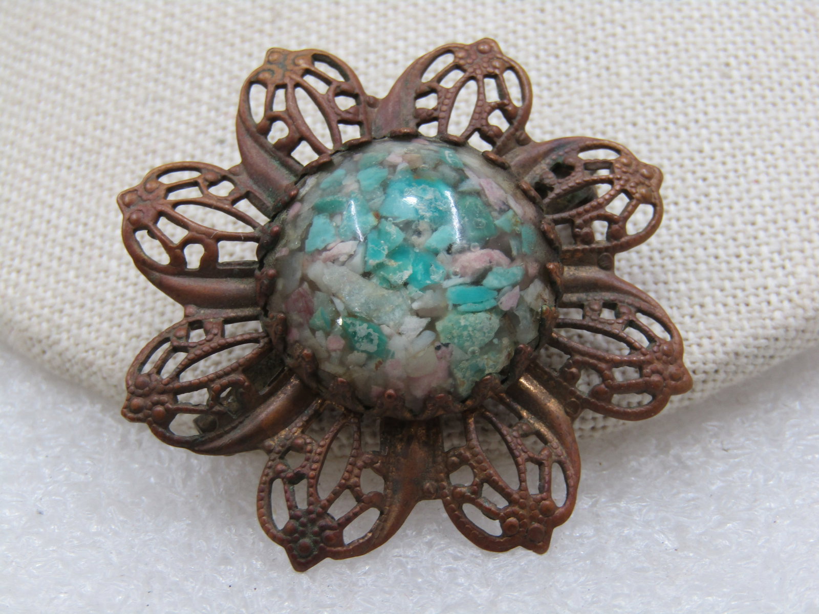 Vintage Early Turquoise & Agate Chips Filigree Brooch, Early 1900's, 1.75" - 4