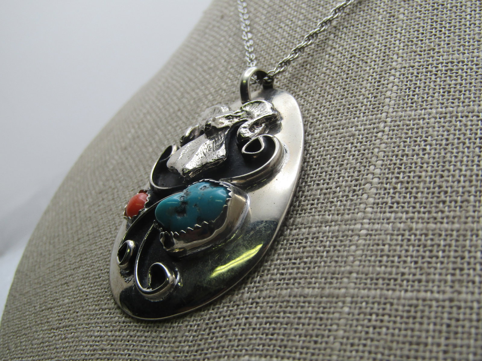 Vintage Southwestern Ram Necklace, Turquoise & Coral Colored Stones, 18", Unisex, 1970's-1980's - 2