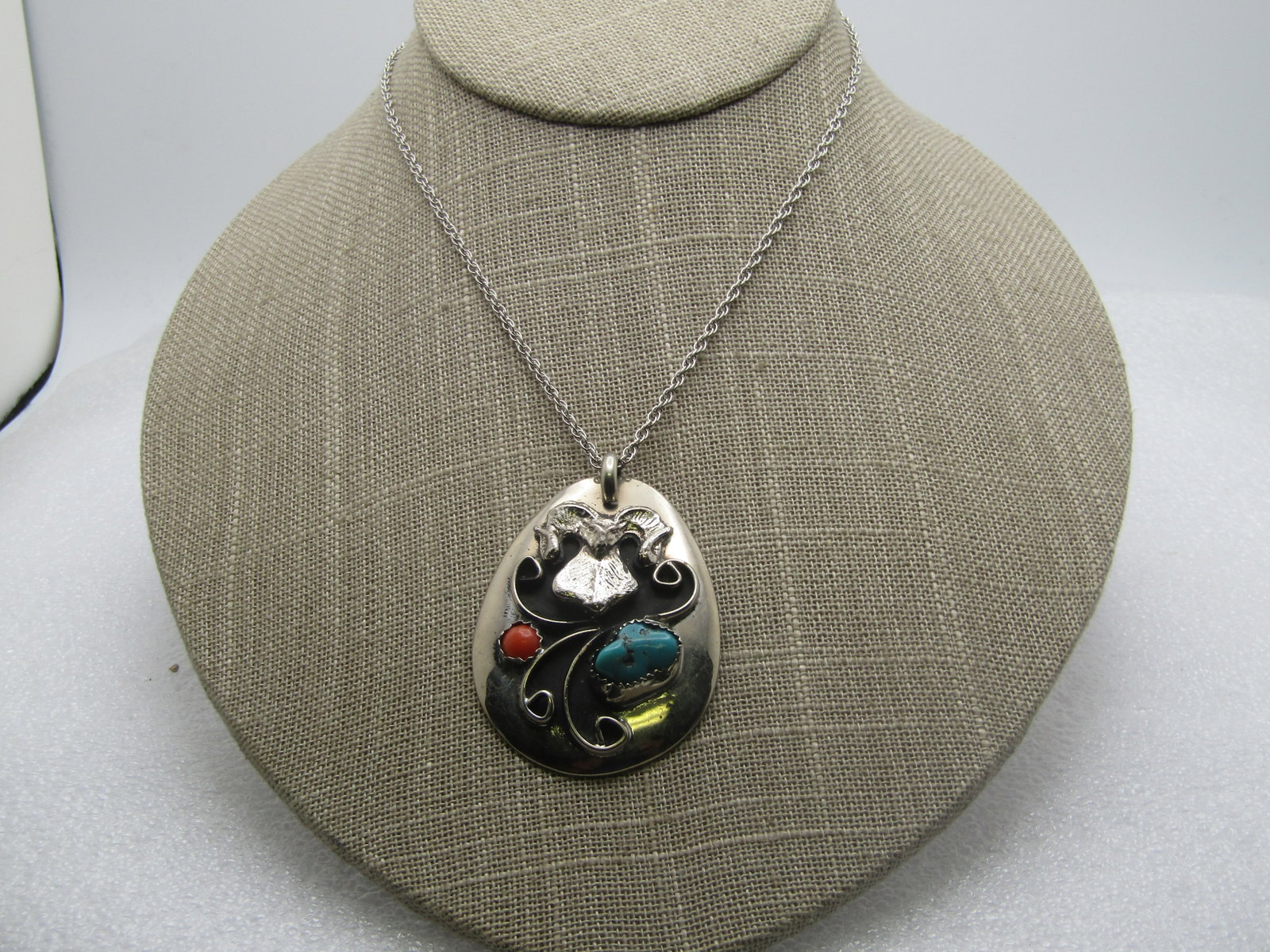 Vintage Southwestern Ram Necklace, Turquoise & Coral Colored Stones, 18", Unisex, 1970's-1980's - 4