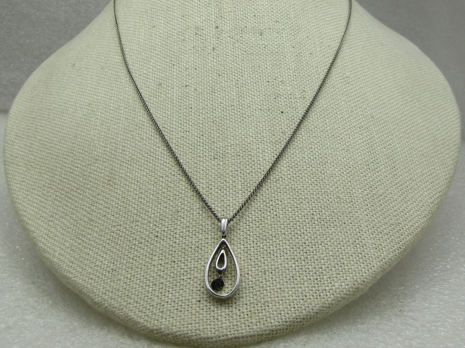 Vintage Sterling Teardrop Floating Black Diamond Necklace, 18", 1980's-1990's - 2
