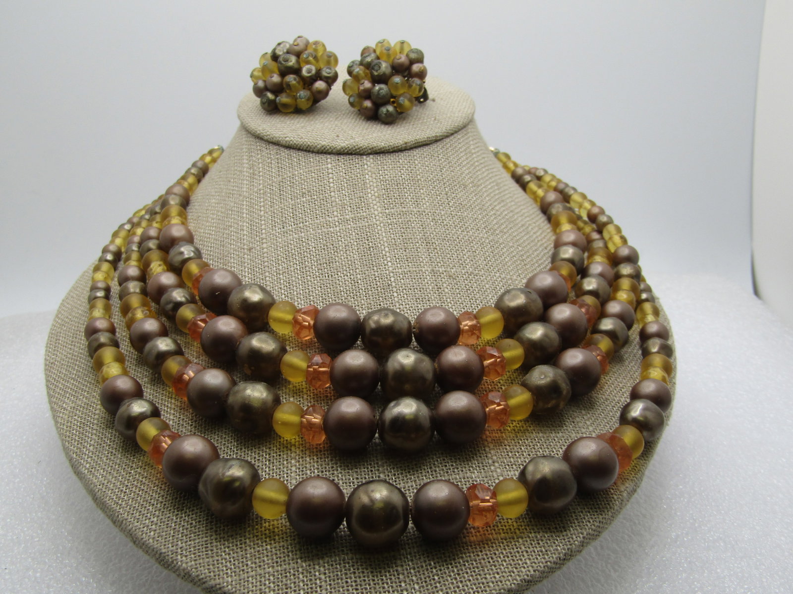 Vintage Four Strand Necklace, Bracelet, Clip Earrings, Japan, 1950's, 16" - 2