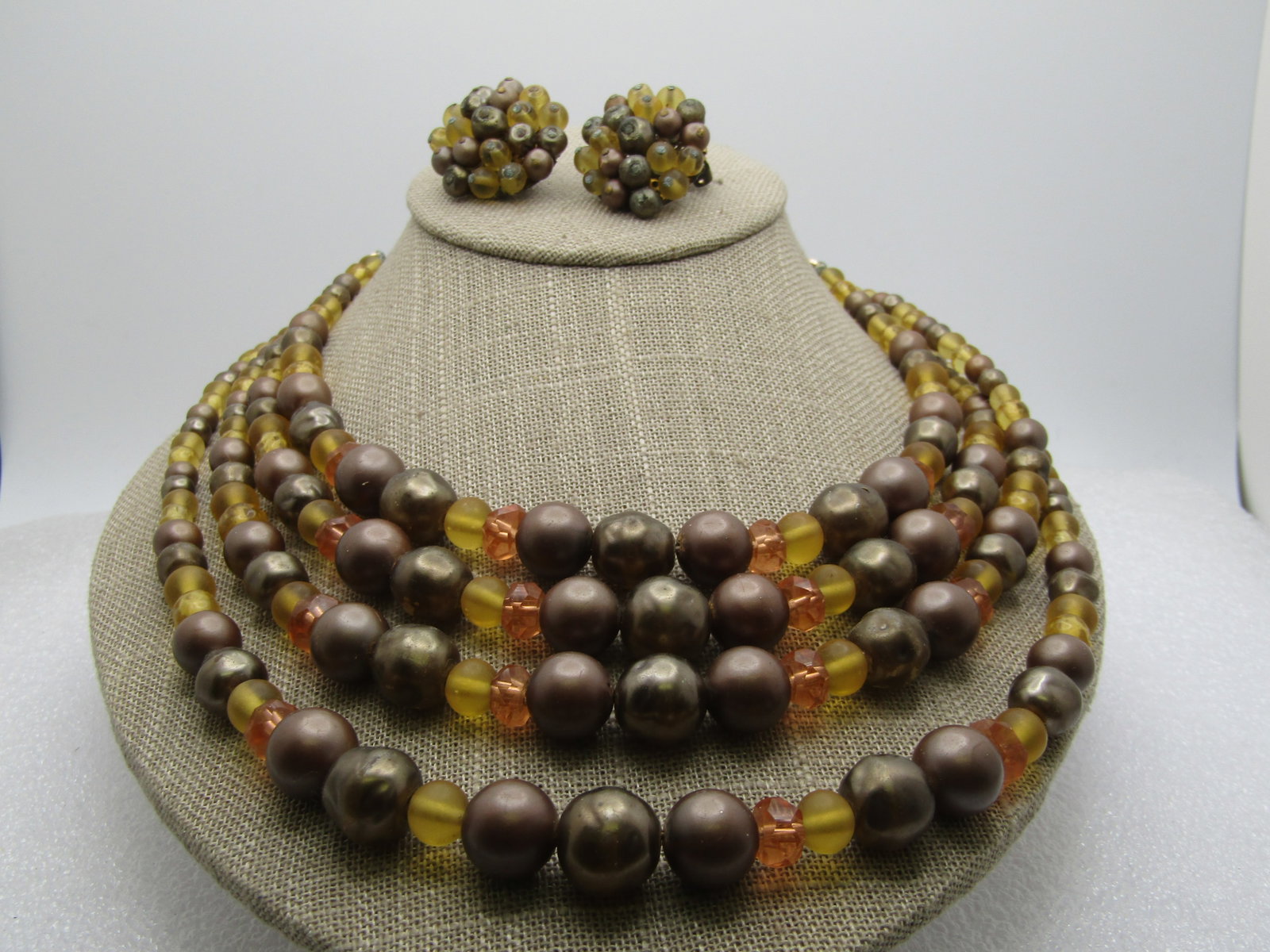 Vintage Four Strand Necklace, Bracelet, Clip Earrings, Japan, 1950's, 16" - 3