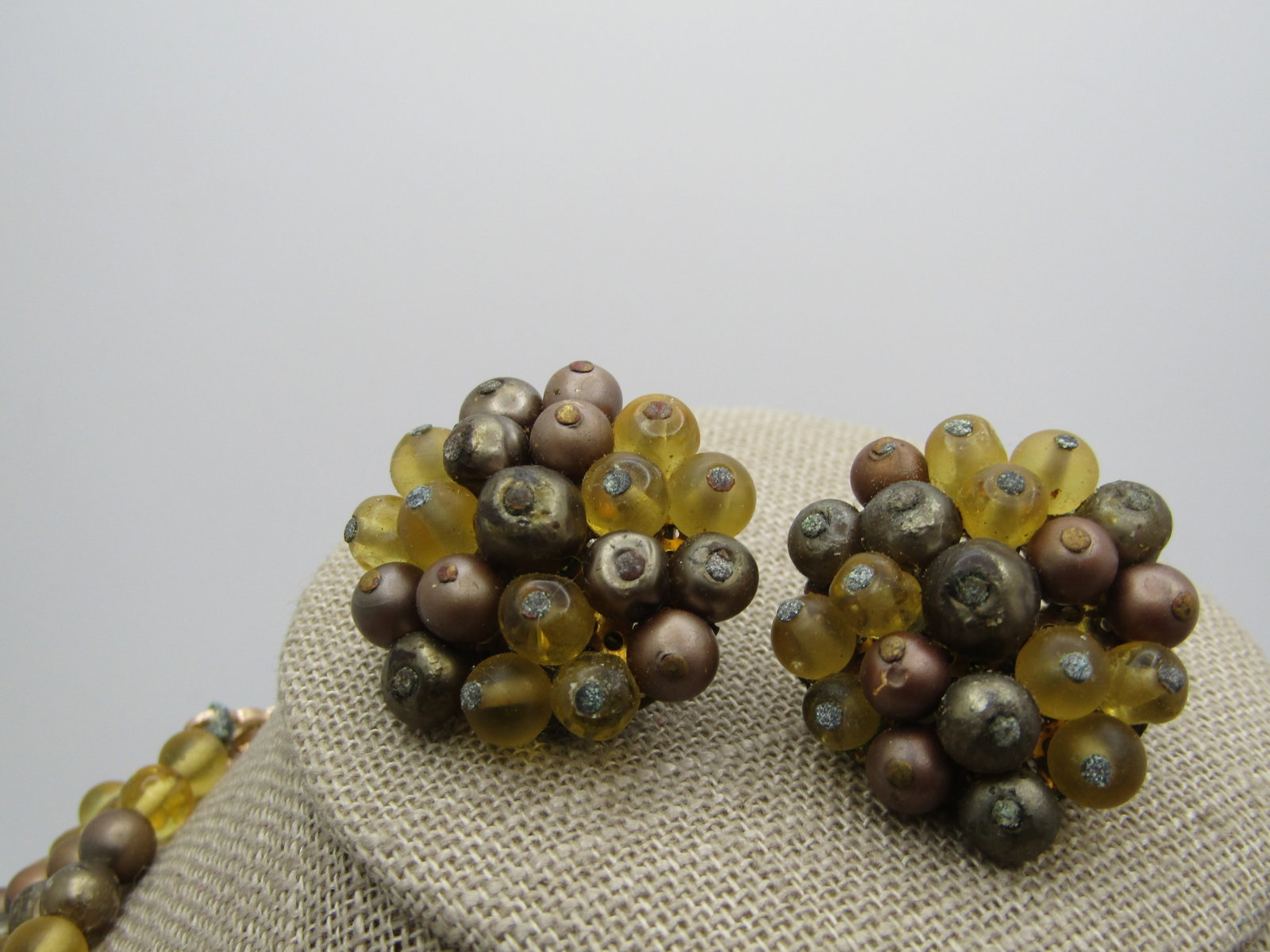 Vintage Four Strand Necklace, Bracelet, Clip Earrings, Japan, 1950's, 16" - 4