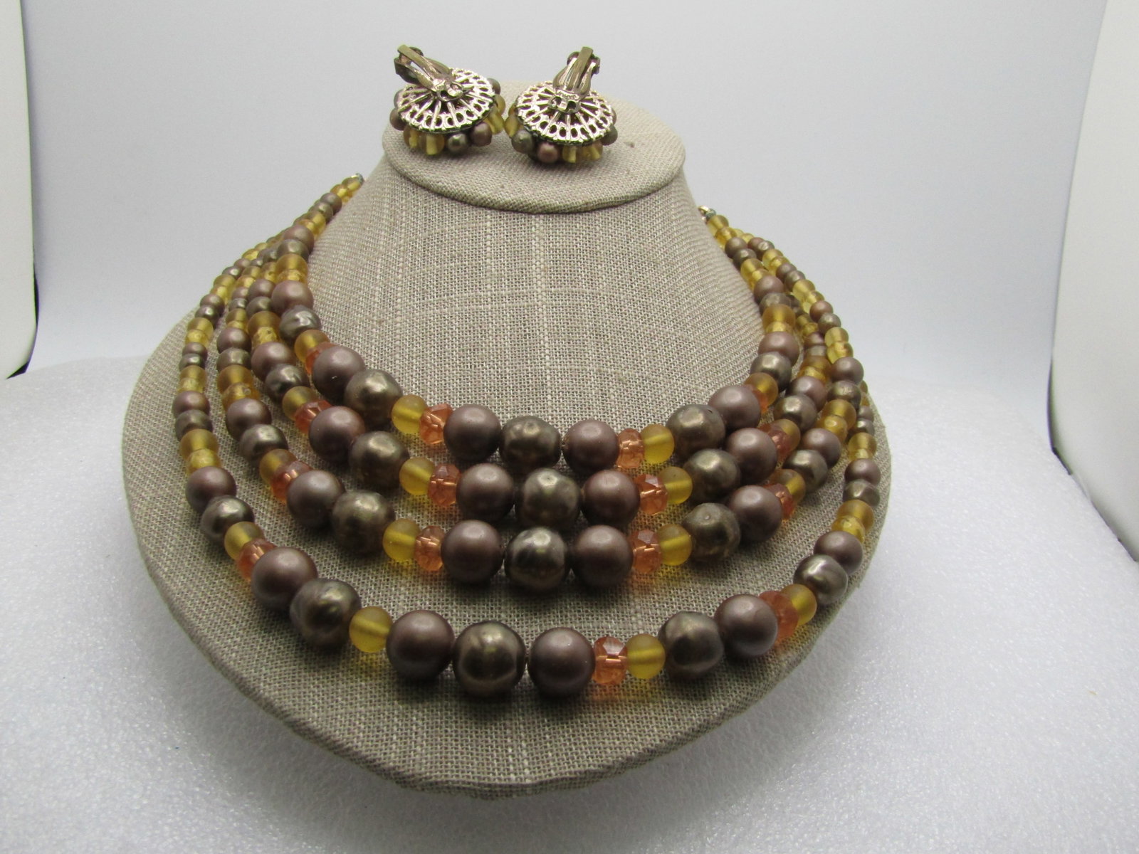 Vintage Four Strand Necklace, Bracelet, Clip Earrings, Japan, 1950's, 16" - 5