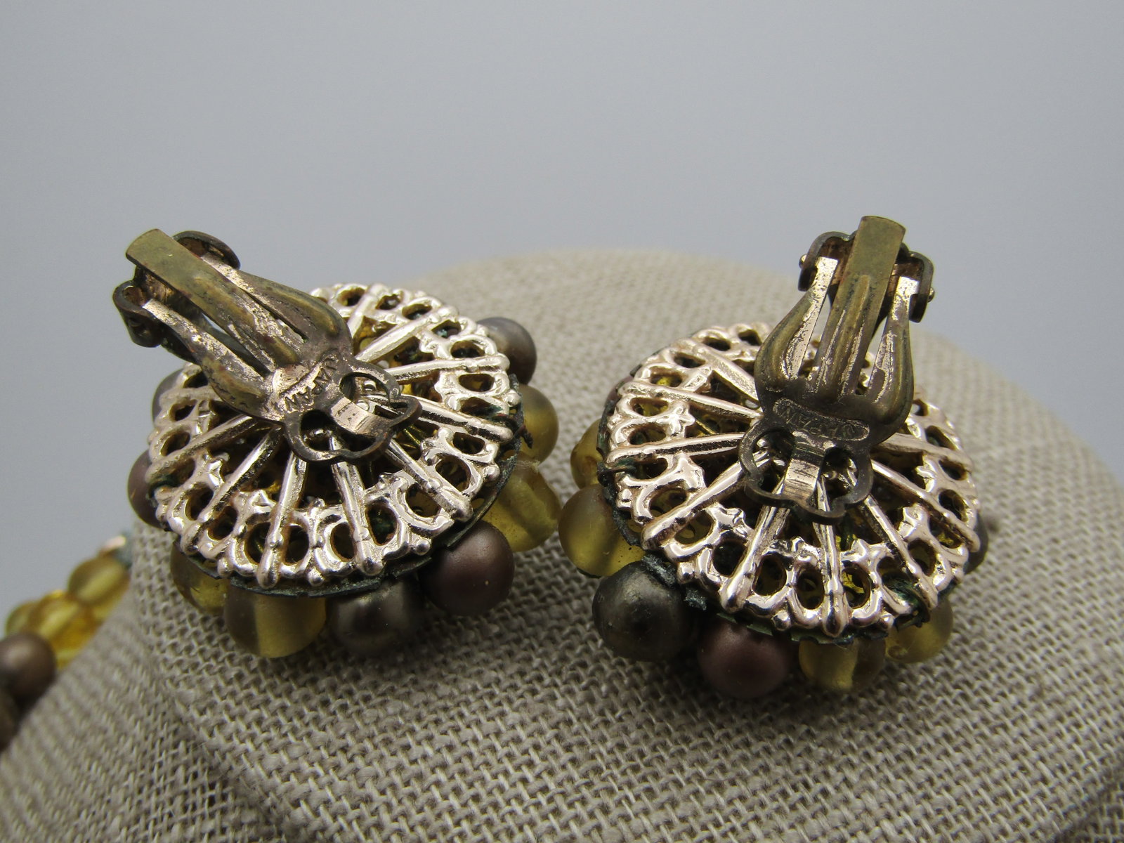 Vintage Four Strand Necklace, Bracelet, Clip Earrings, Japan, 1950's, 16" - 6