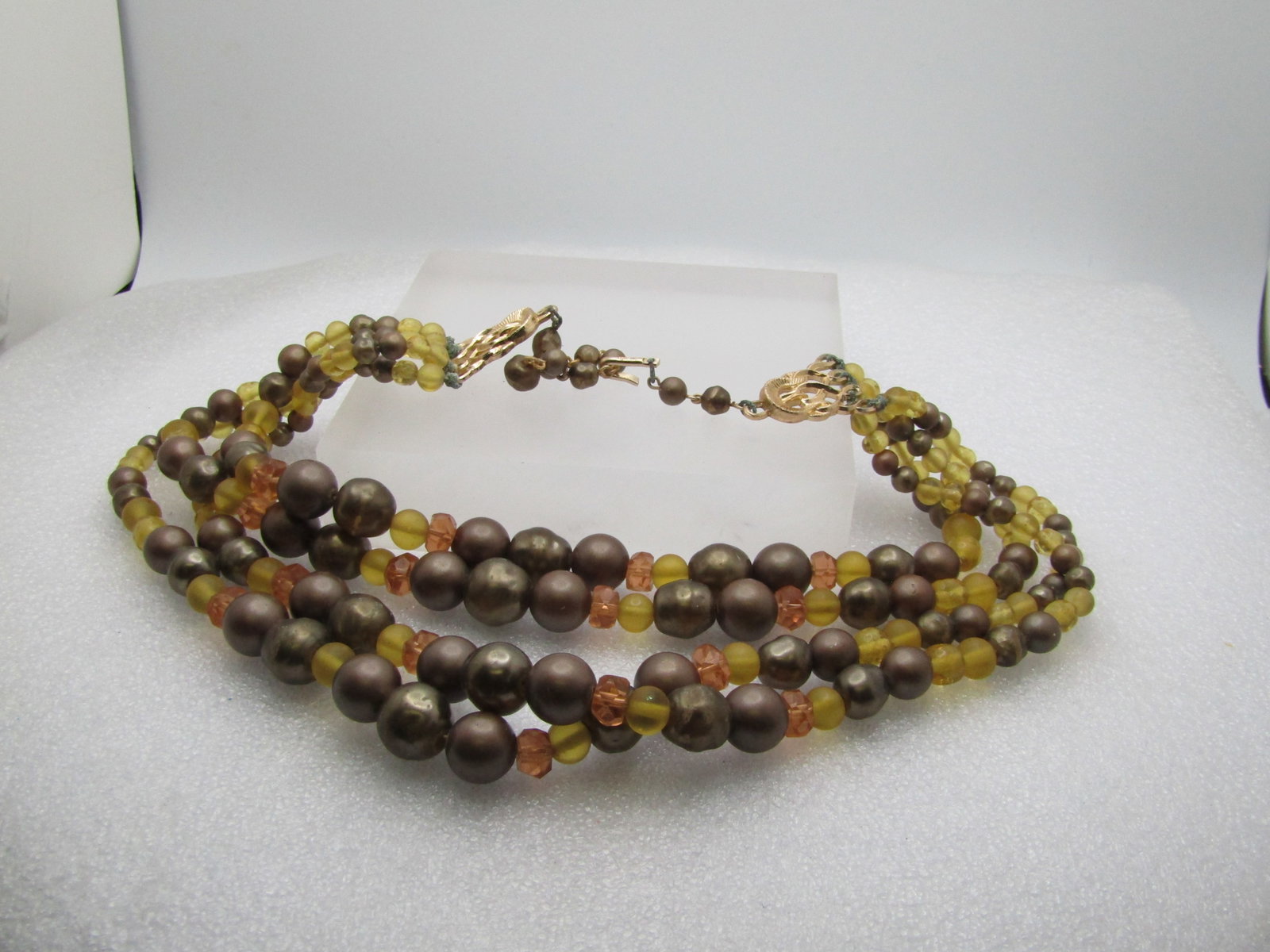 Vintage Four Strand Necklace, Bracelet, Clip Earrings, Japan, 1950's, 16" - 7