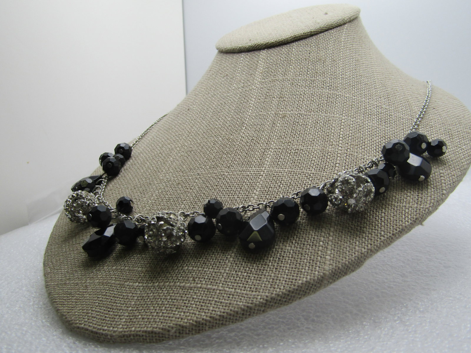 Vintage Black Beaded Rhinestone Orb Necklace, 20", Signed Chaps, 1980's-1990's - 2