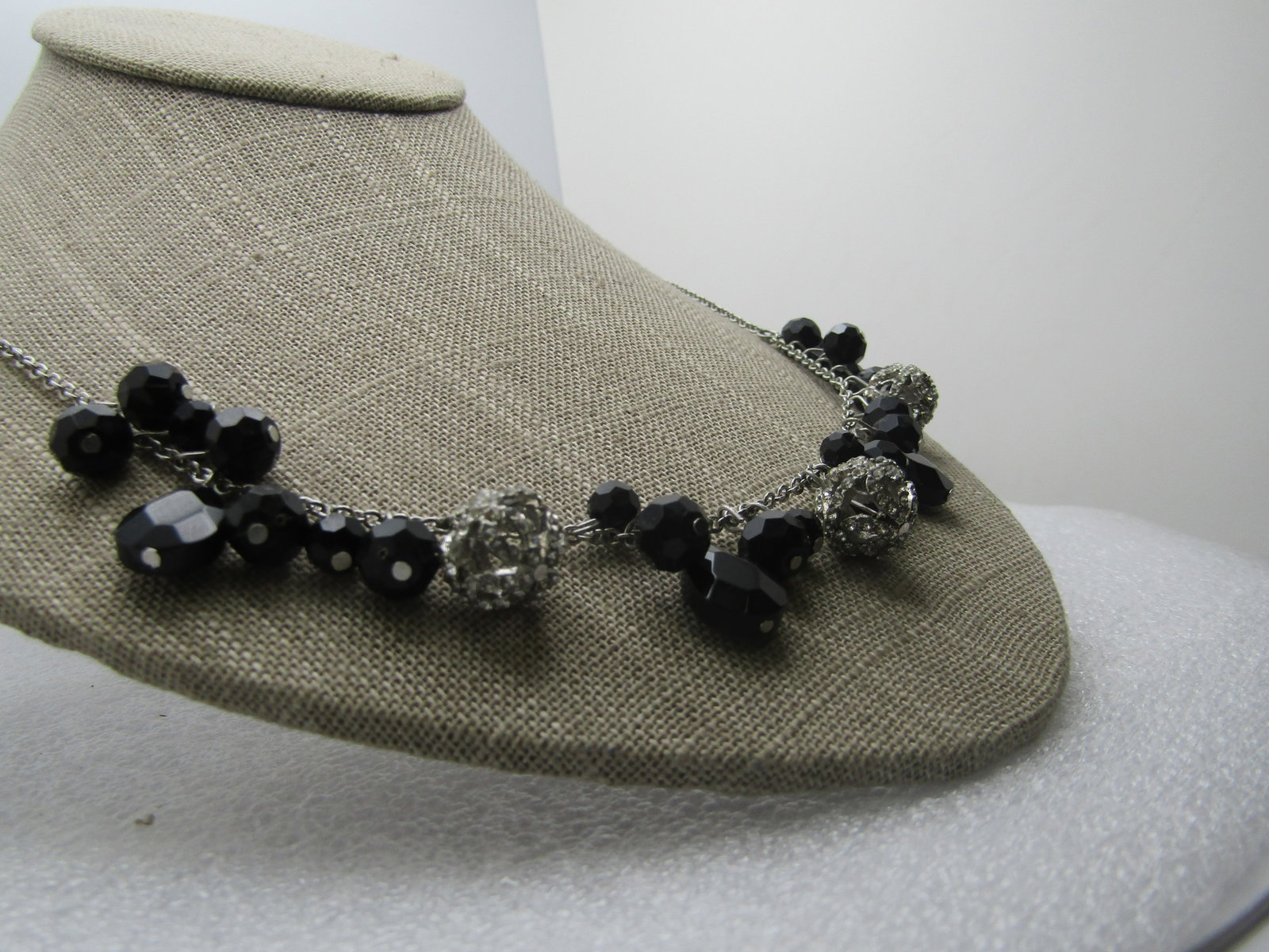 Vintage Black Beaded Rhinestone Orb Necklace, 20", Signed Chaps, 1980's-1990's - 3