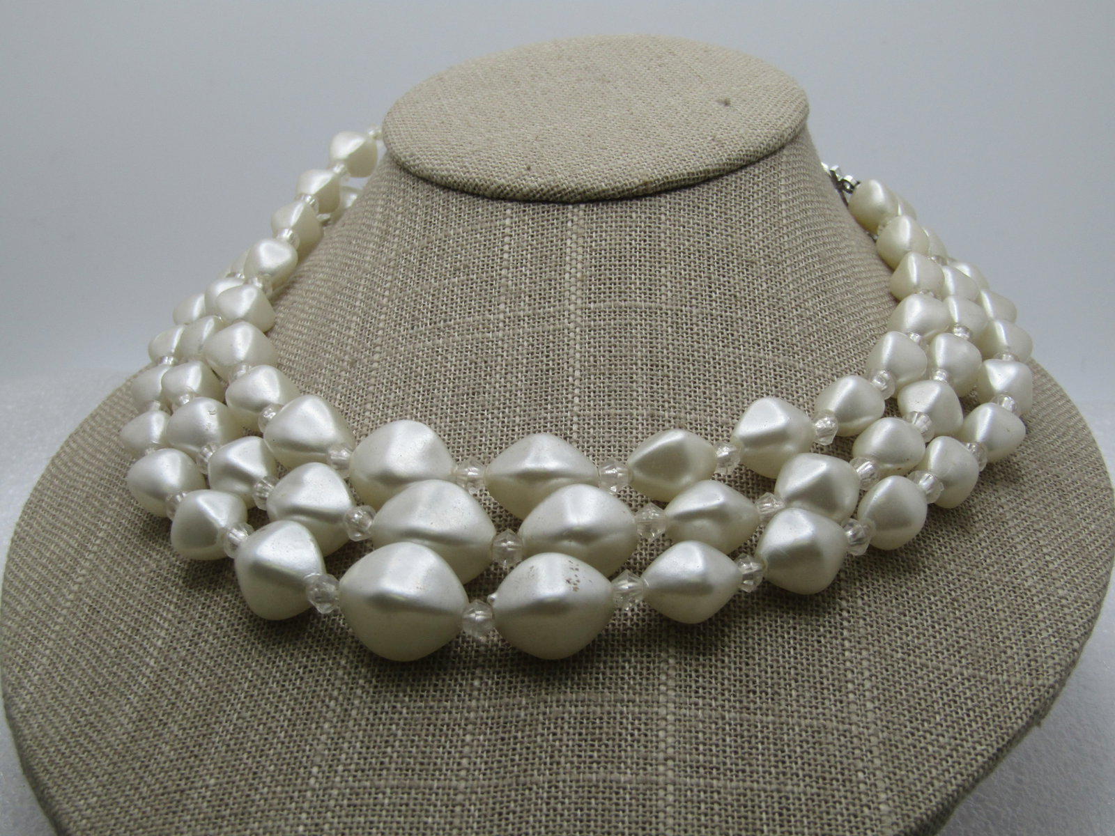 Vintage Triple Strand Faux Pearl Necklace, 17", 1950's, Hong Kong - 2