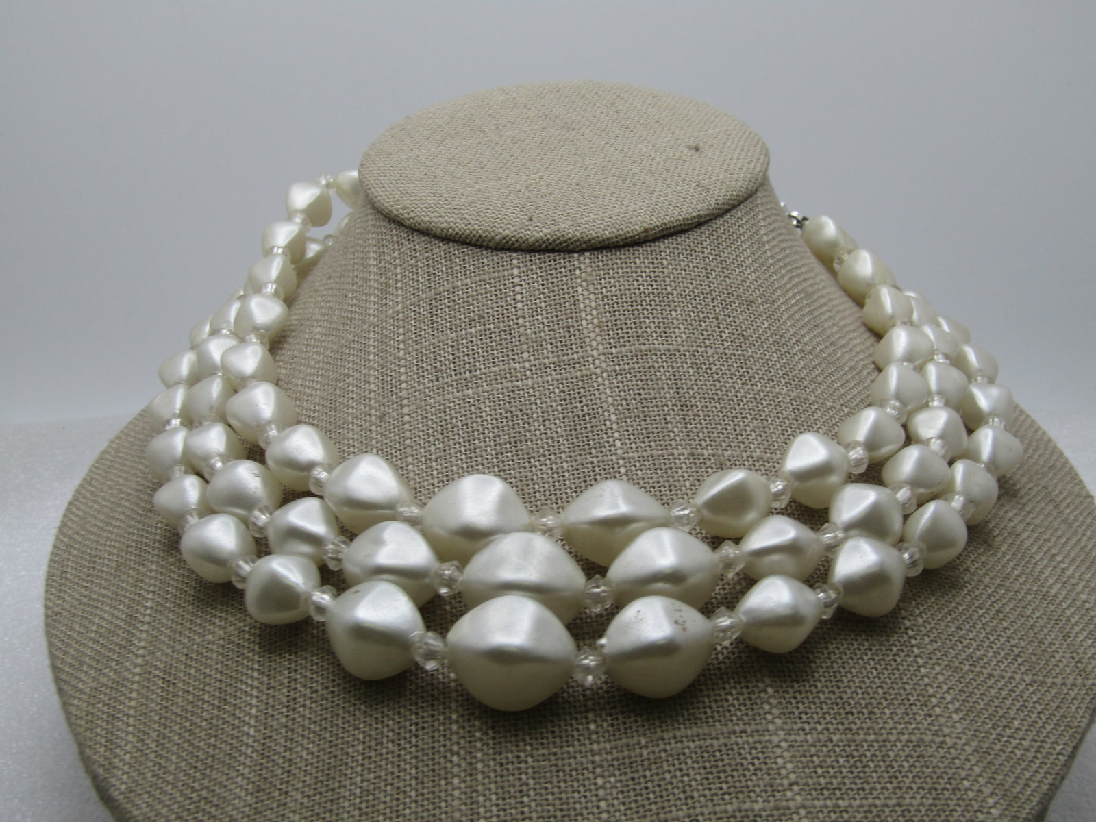 Vintage Triple Strand Faux Pearl Necklace, 17", 1950's, Hong Kong - 3