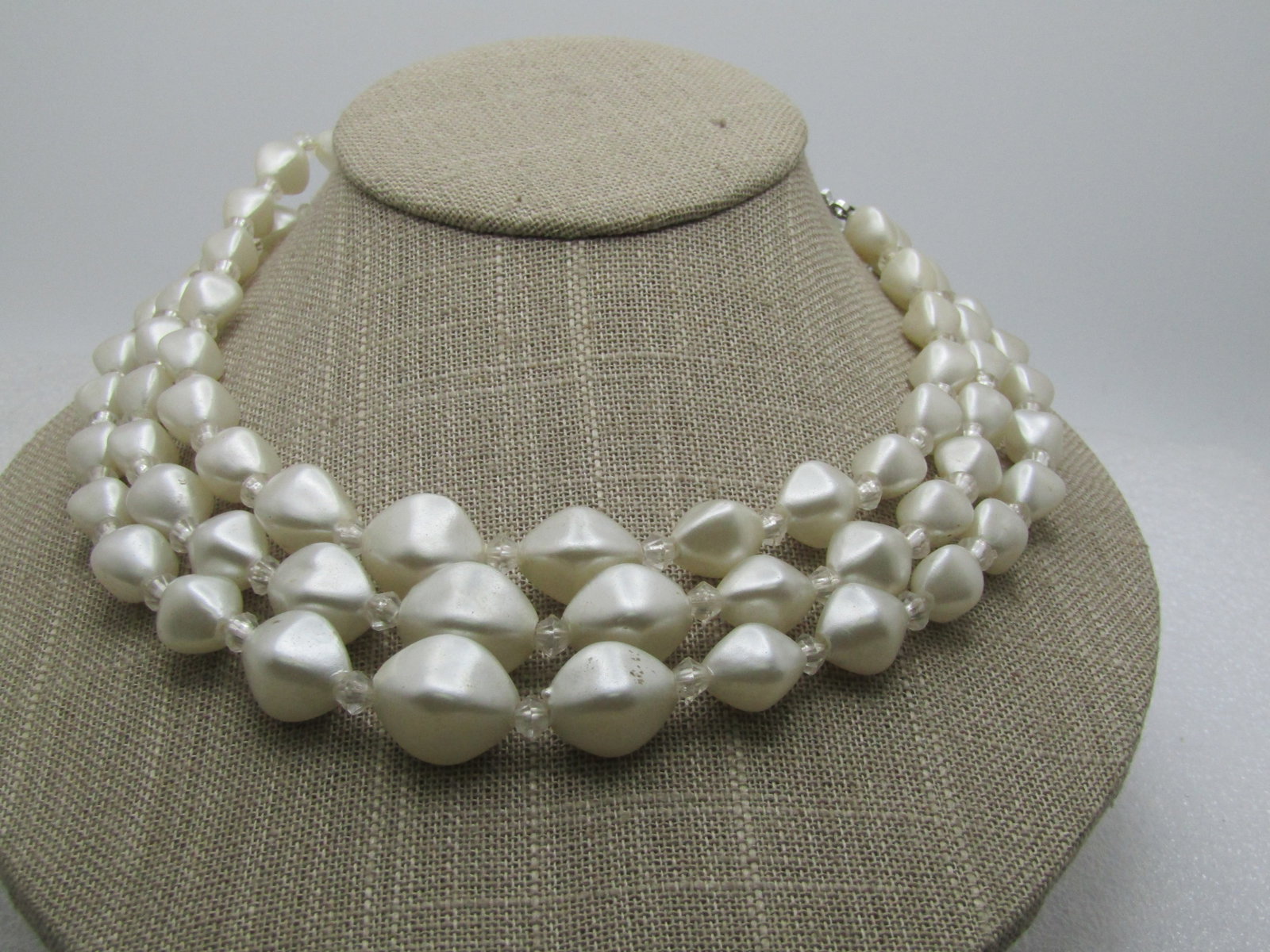 Vintage Triple Strand Faux Pearl Necklace, 17", 1950's, Hong Kong - 4
