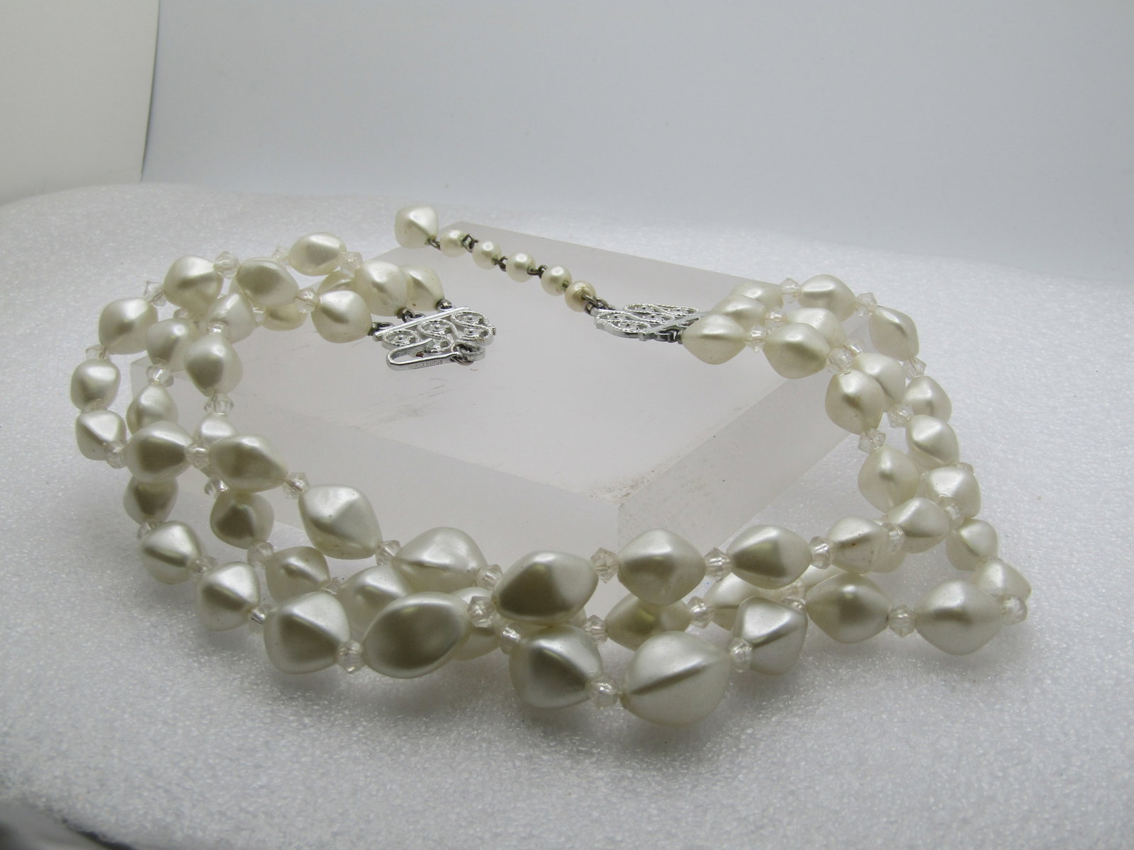 Vintage Triple Strand Faux Pearl Necklace, 17", 1950's, Hong Kong - 6